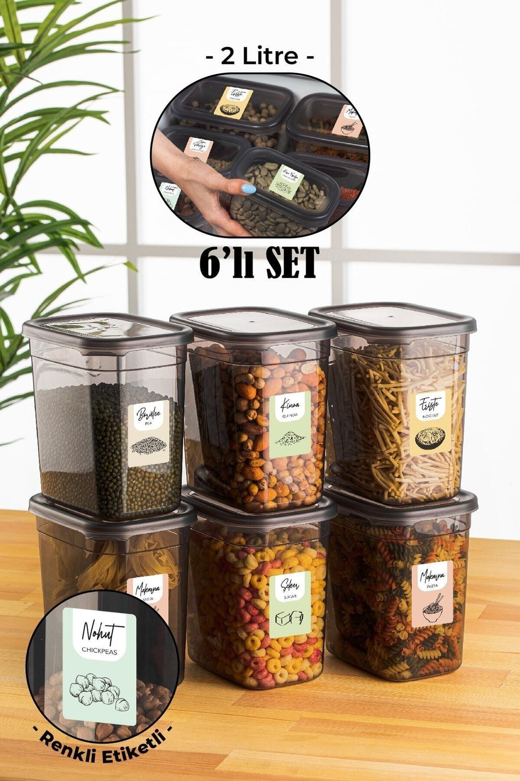 Renkli Etiketli 6lı Set Peggy Dikdörtgen Saklama Kabı 2 Litre Antrasit