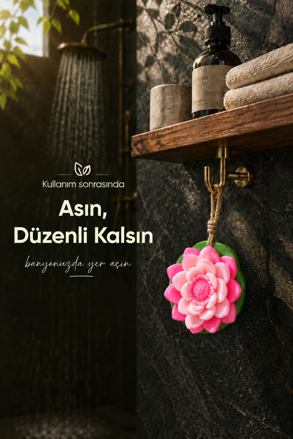 Yapraklı Pembe Nilüfer Şekilli Katı Sabun 9,5 x3,5 cm Asılabilir Dekoratif Banyo El Sabun