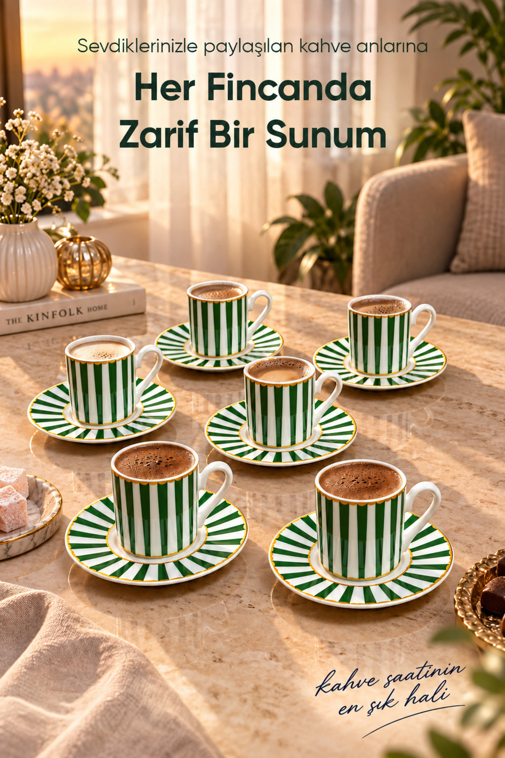 6 Kişilik Yeşil Çizgili Porselen Kahve Fincanı Takımı 12 Parça Altın Yaldız Detaylı Şık Sunum Seti