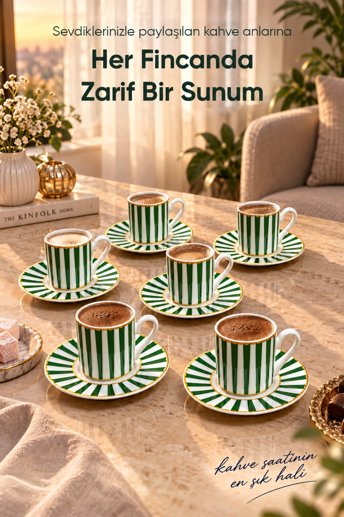 6 Kişilik Yeşil Çizgili Porselen Kahve Fincanı Takımı 12 Parça Altın Yaldız Detaylı Şık Sunum Seti