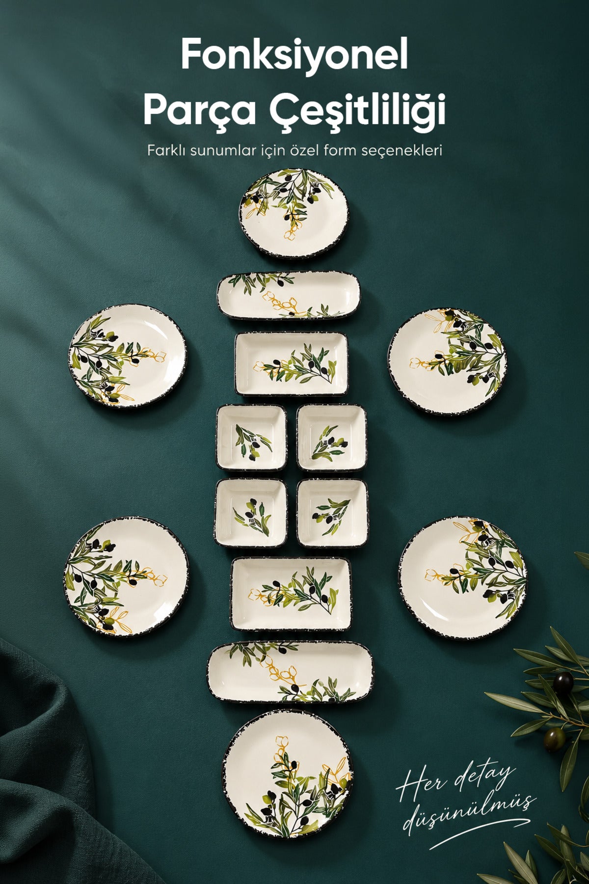 14 Parça 6 Kişilik Zeytin Model Seramik Kahvaltı Takımı 6 Pasta Tabağı 4 Kare Kase 2 Dikdörtgen Kase 2 Oval Zeytinlik