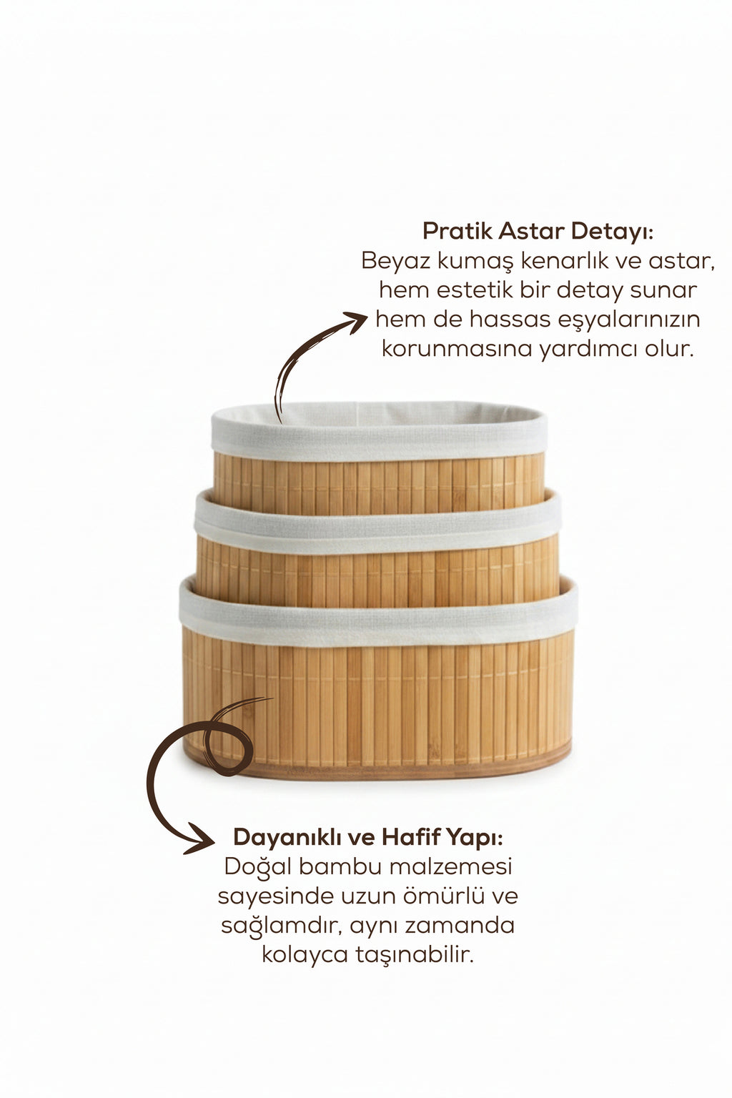3'lü Set Oval Bambu Organizer Sepet | Banyo Mutfak Dolap İçi