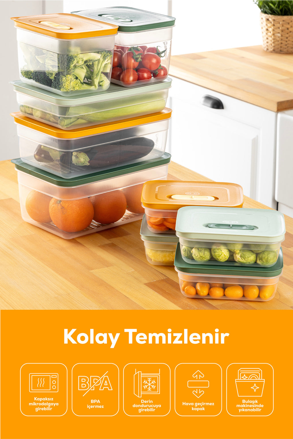 10'lu Hava Kanallı Ayarlanabilir Sebze ve Meyve Saklama Kabı 4x(1,15 lt) 2x(2,35-3,8-5 lt) Turuncu