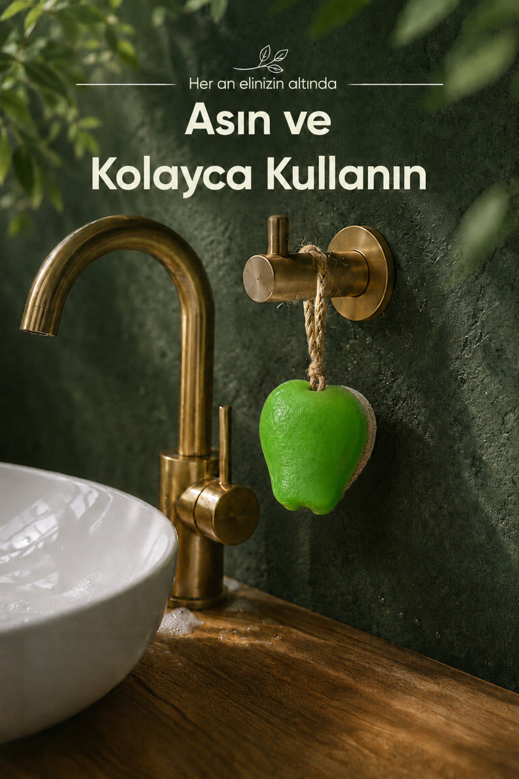 Yeşil Elma Şekilli Kabak Lifli Sabun 8,5x7x4,8 cm Peeling Etkili Asılabilir Dekoratif Banyo El Sabunu