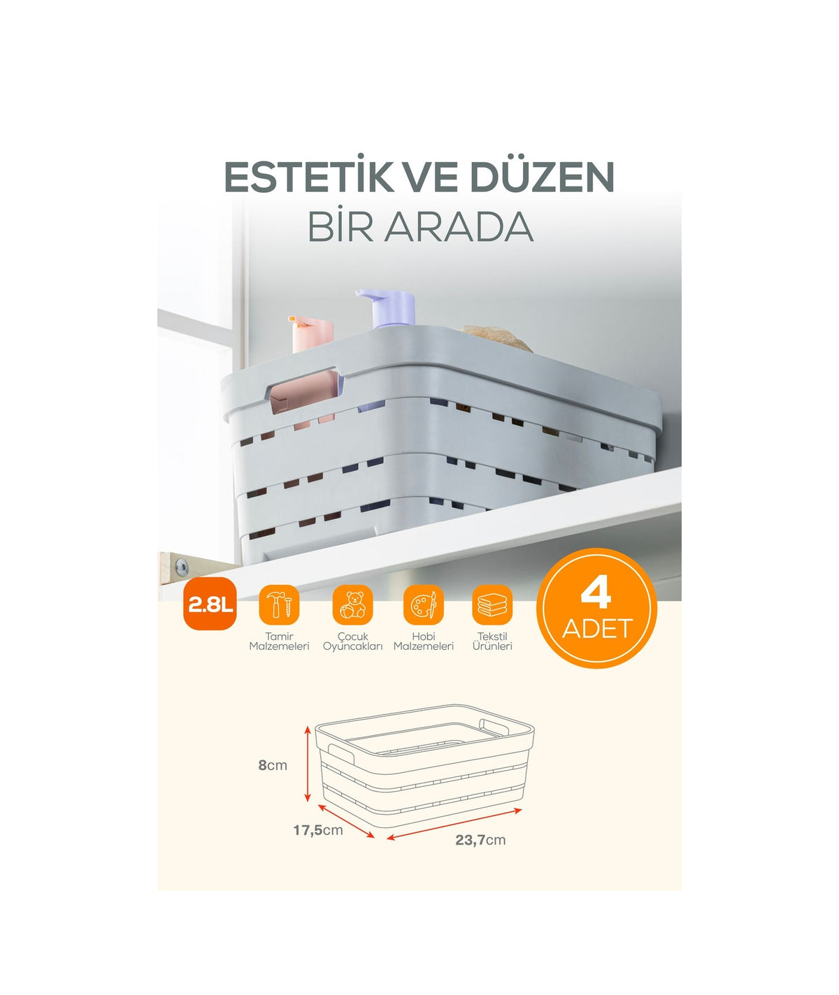 4'lü 2,8 Litre Delikli Saklama Kutusu Antrasit