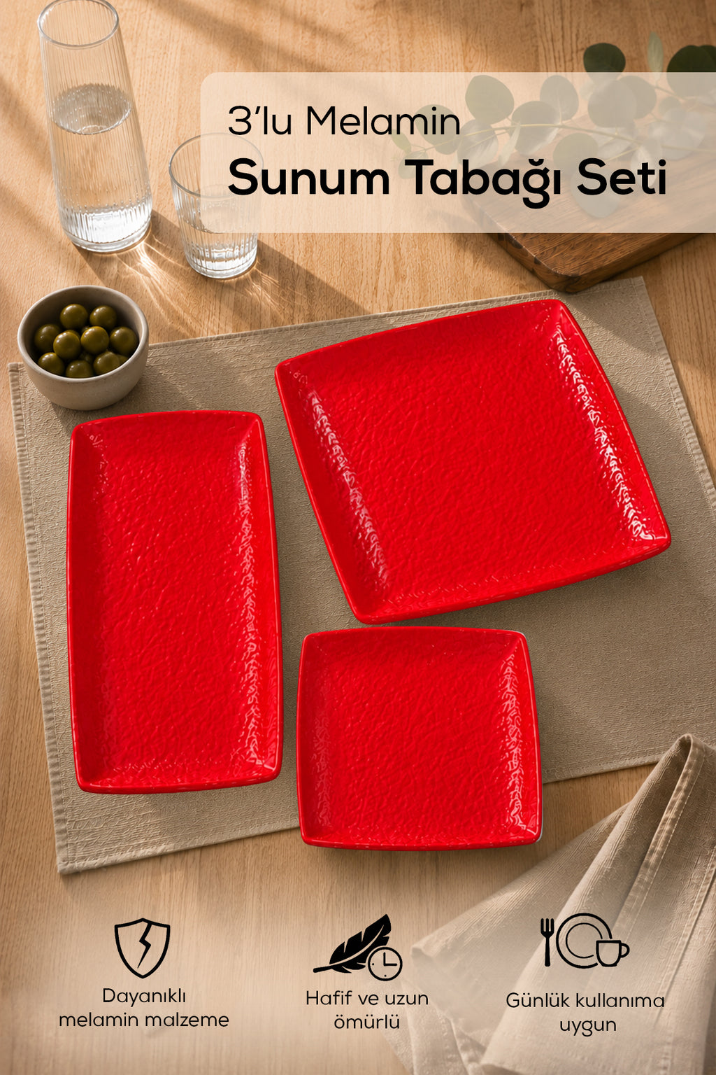 3 Adet Melamin Sunum Tabağı Seti, Sunum Tabağı,Servis Tabağı-Desenli Kırılmaz Servis Tabağı- Kırmızı