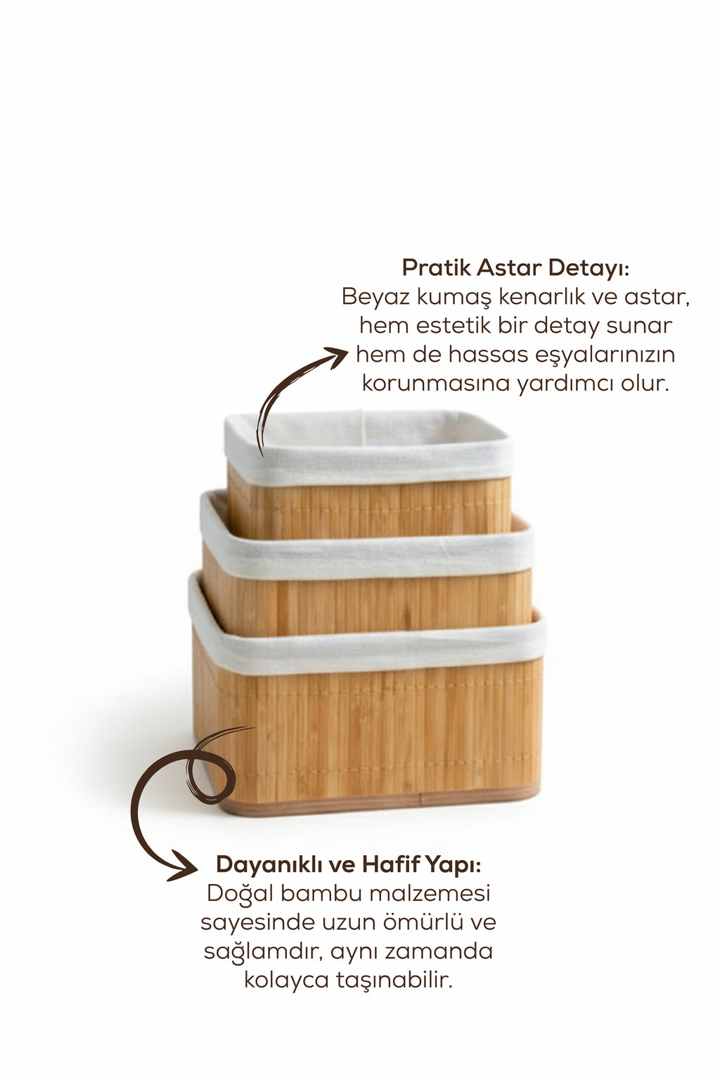 3'lü Set Kare Bambu Organizer Sepet | Banyo Mutfak Dolap İçi
