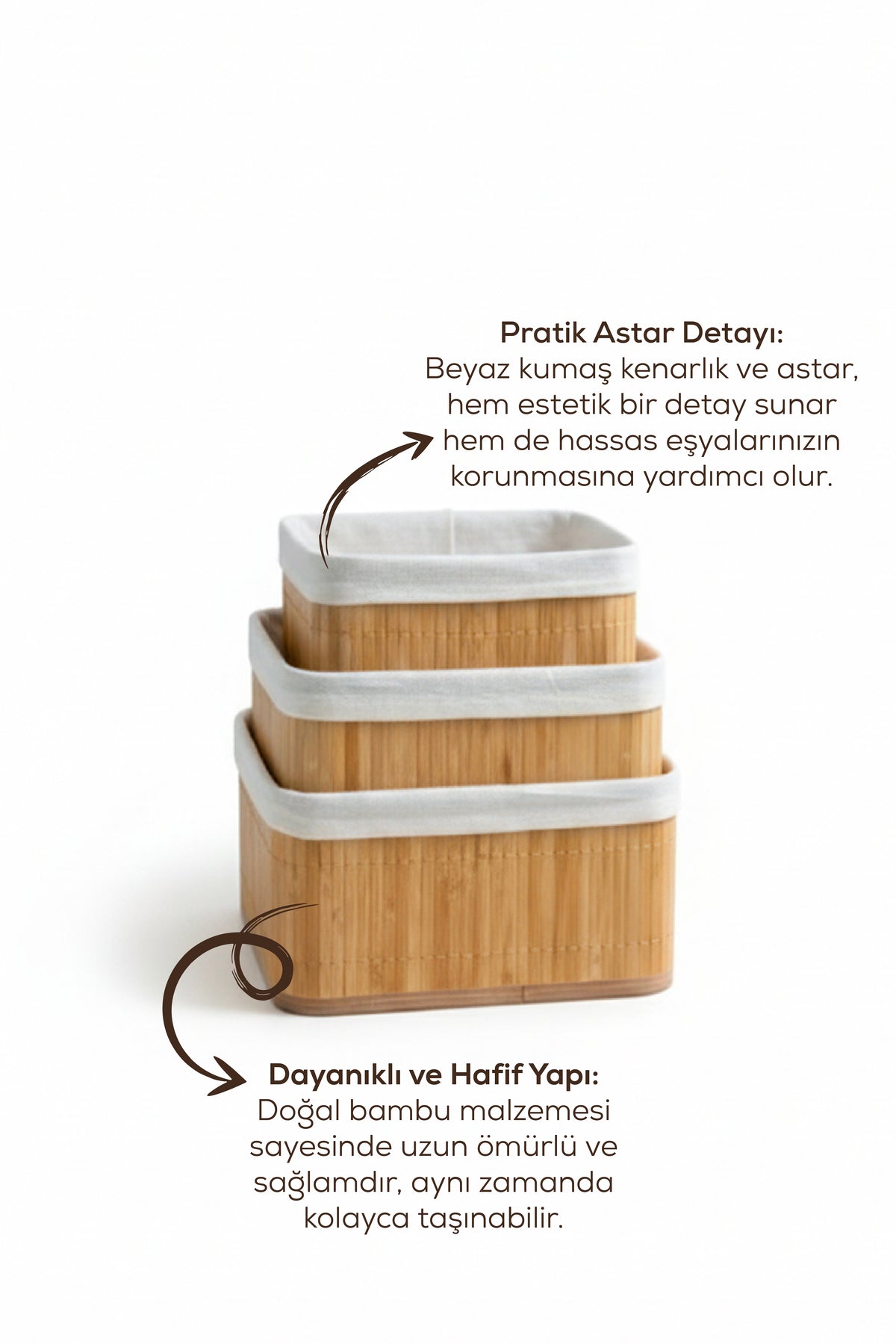 3'lü Set Kare Bambu Organizer Sepet | Banyo Mutfak Dolap İçi