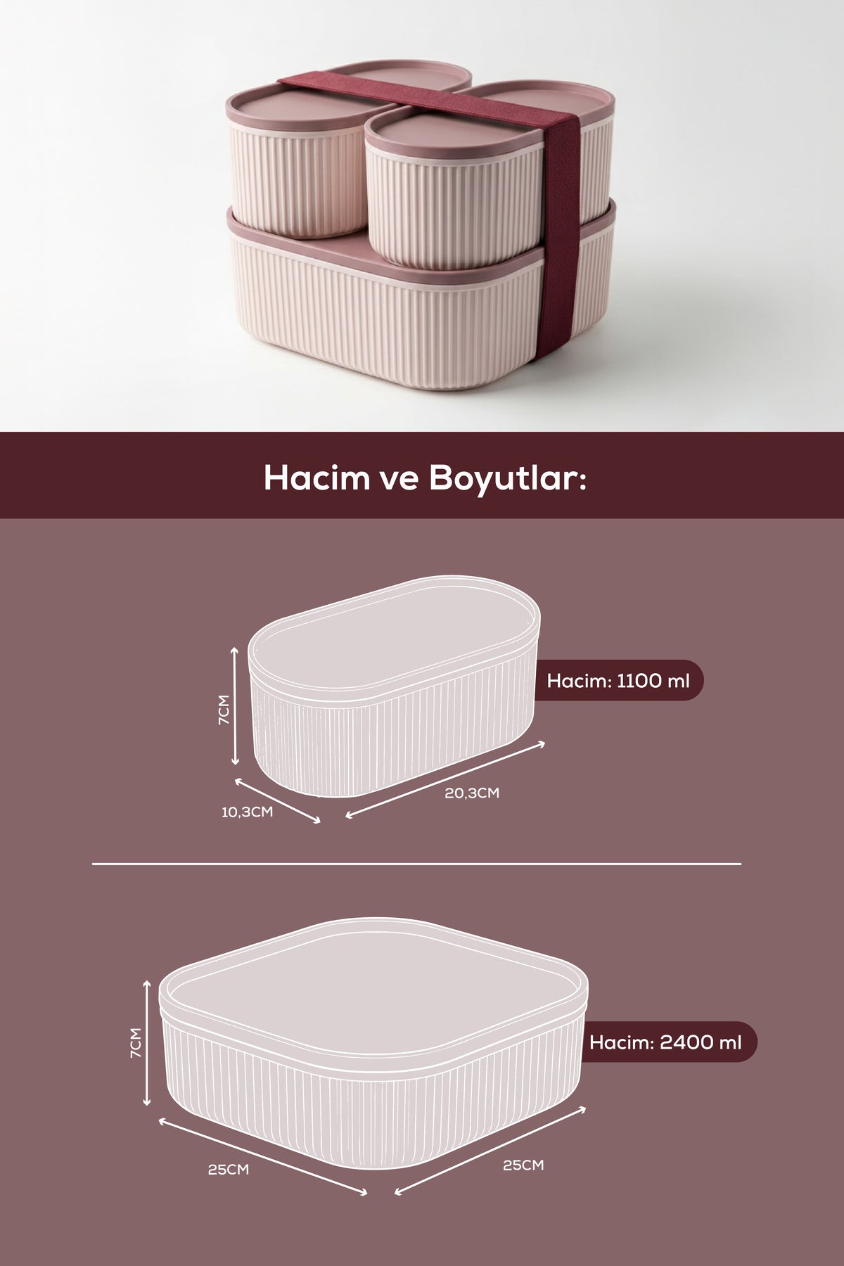 3'lü Elastik Bantlı İstiflenebilir Pratik Saklama Kabı Seti 2x(1100 ml) 1x(2600 ml) Pembe