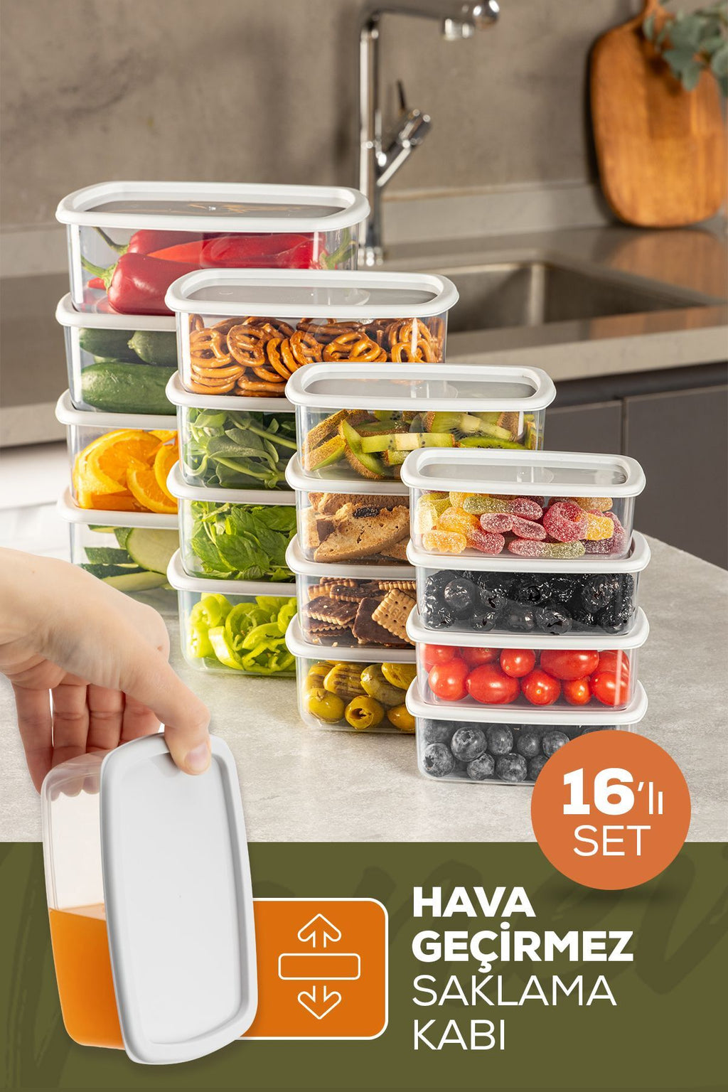 16'lı Hava Geçirmez Saklama Kabı Seti Gri 4x(250-500-750-1200 ML)