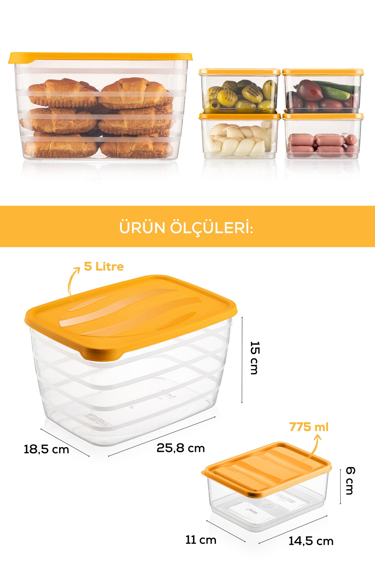5'li Set Dondurucu ve Mikrodalgaya Uygun Buzdolabı Düzenleyici 1x(5 Litre) 4x(775 ml) Turuncu