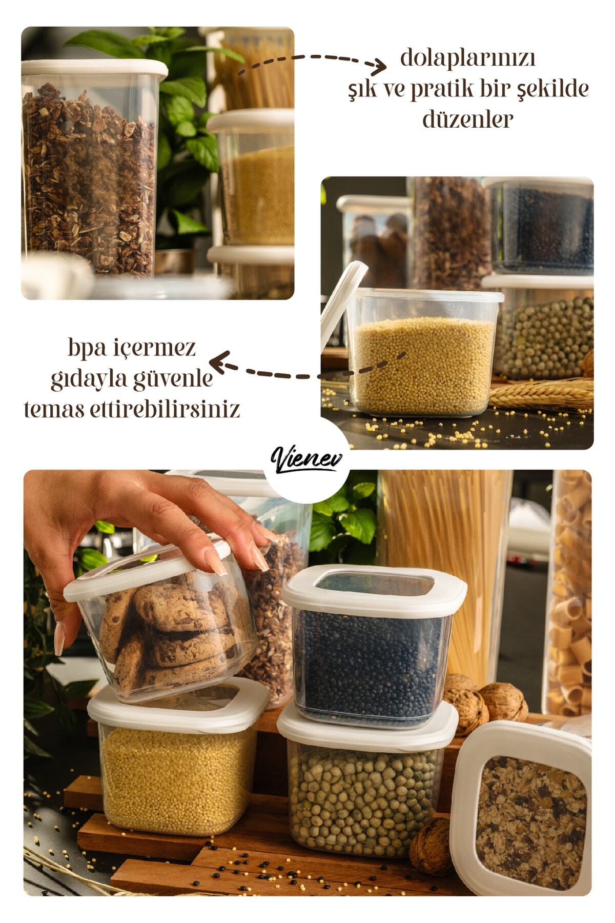 Renkli Etiketli Kare Erzak Saklama Kabı 9lu Set 3x(0,55 Litre, 1,2 Litre, 1,75 Litre) Beyaz