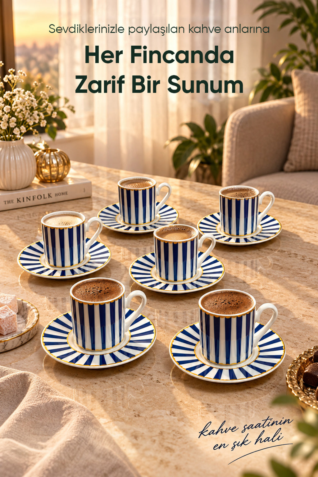 6 Kişilik Mavi Çizgili Porselen Kahve Fincanı Takımı 12 Parça Altın Yaldız Detaylı Şık Sunum Seti