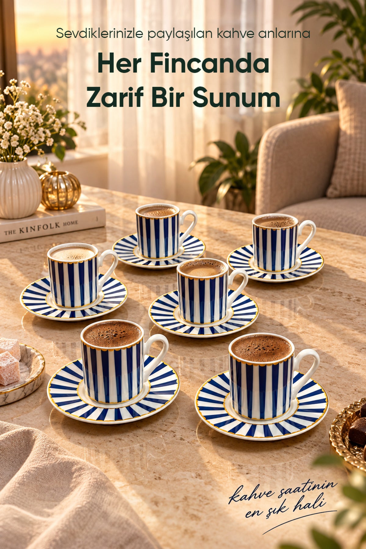 6 Kişilik Mavi Çizgili Porselen Kahve Fincanı Takımı 12 Parça Altın Yaldız Detaylı Şık Sunum Seti