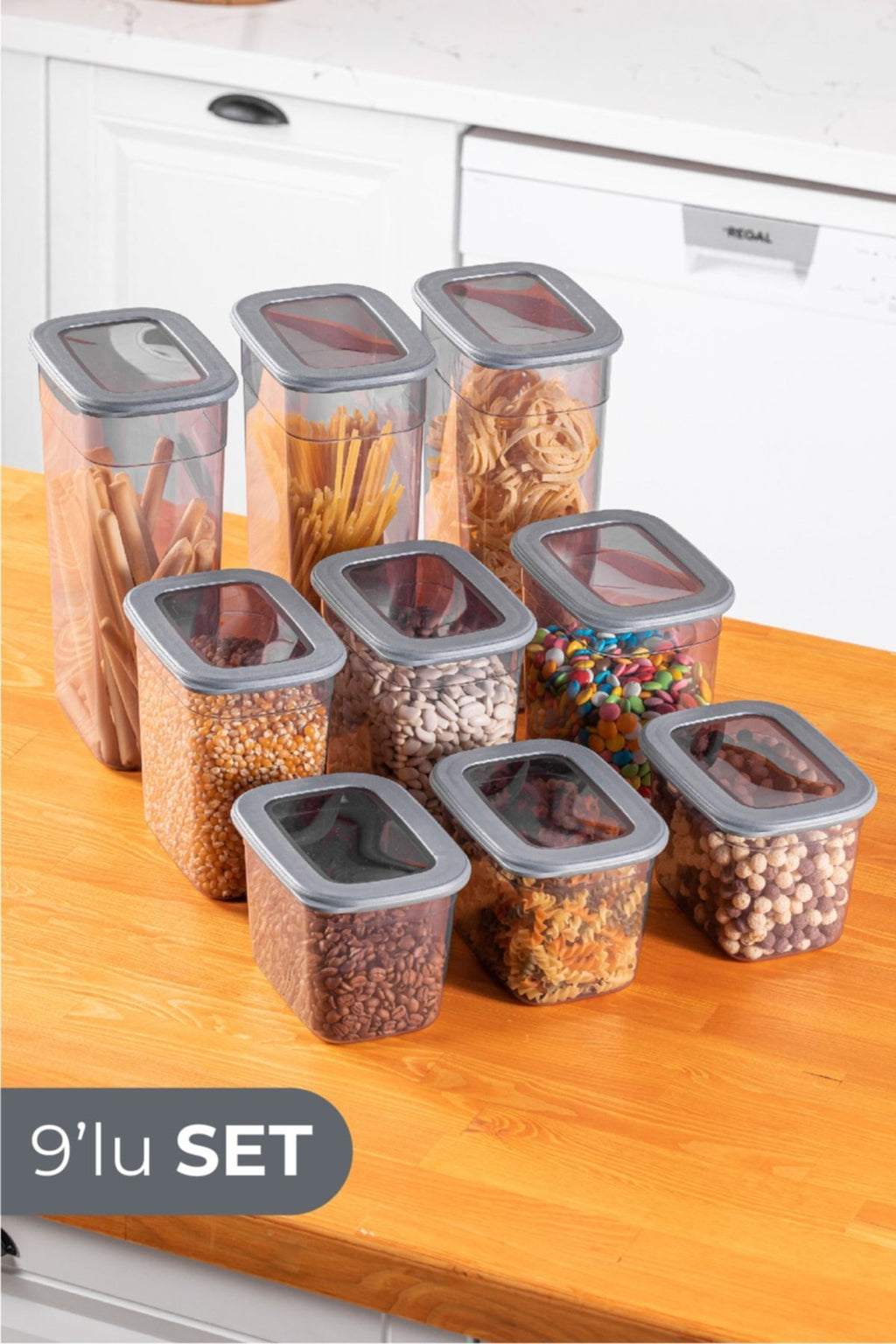 9lu Set Poli Şeffaf Kapaklı Uzun Dikdörtgen Saklama Kabı 3x(1,3 LİTRE, 2 LİTRE, 3,2 LİTRE)