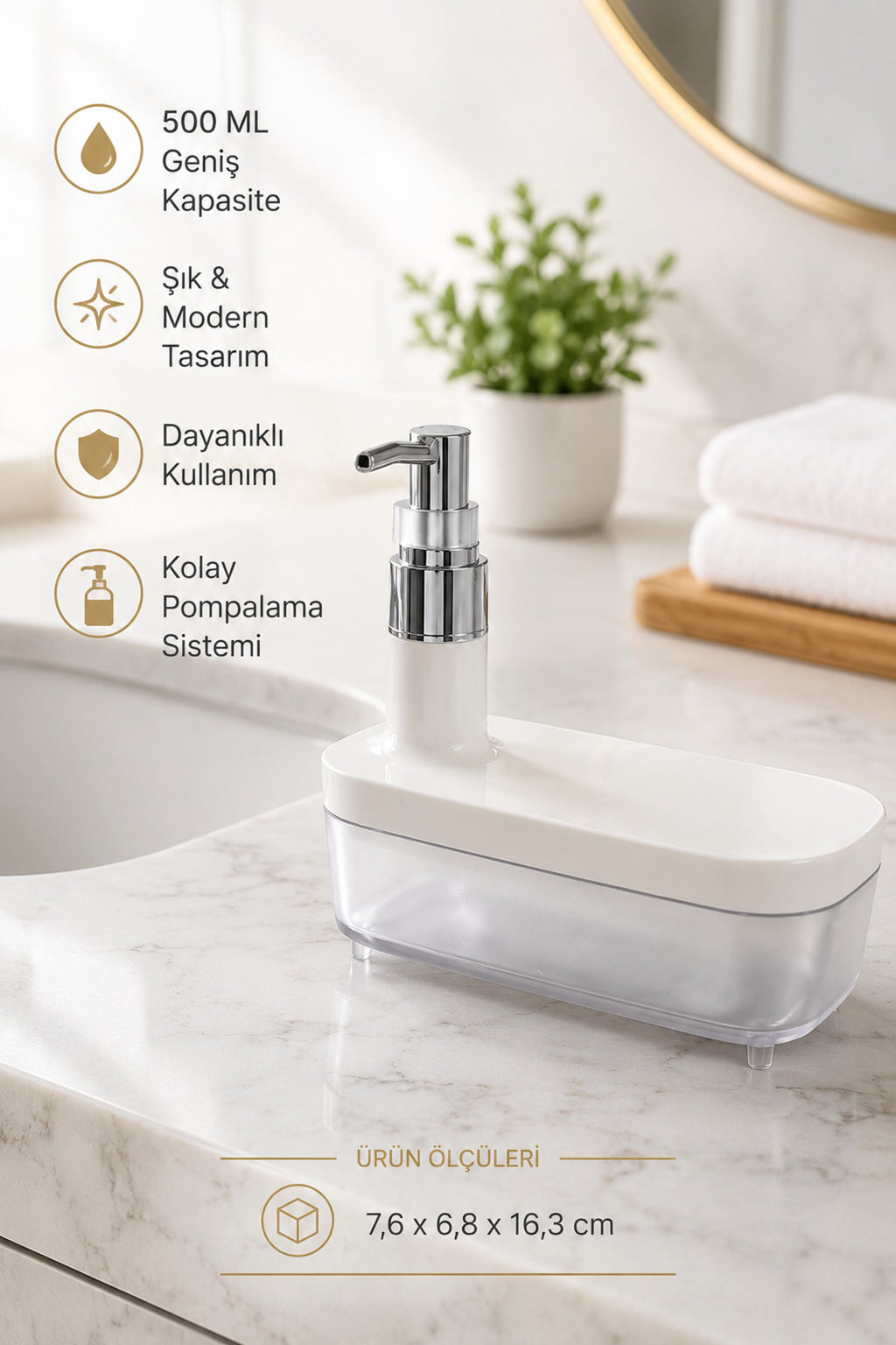 Modern Beyaz Sıvı Sabunluk 500 ml | Şık Banyo ve Mutfak Dispenseri - Yayvan Tasarım