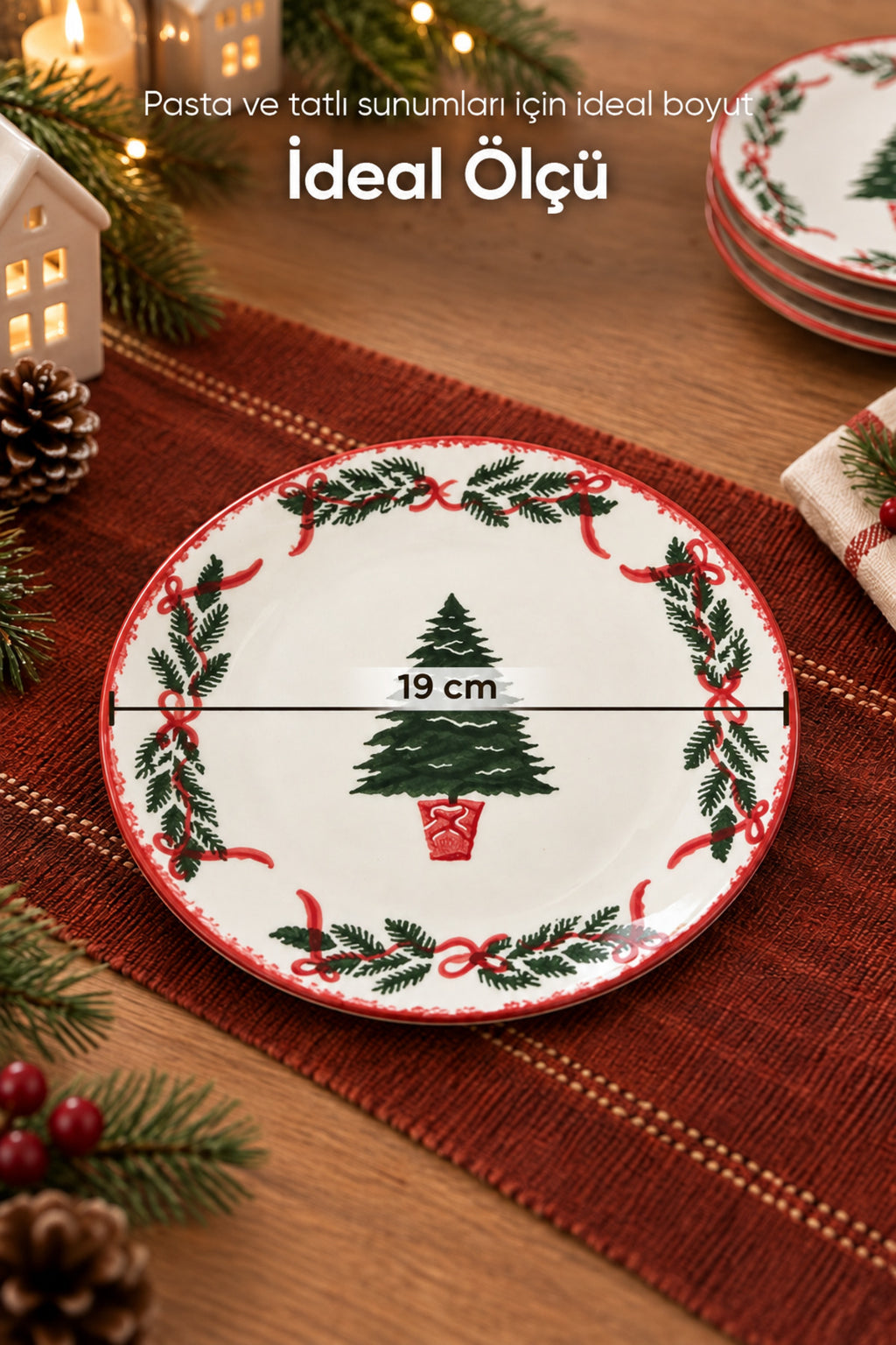 6'lı Yılbaşı Çam Ağacı Desenli Pasta Tabağı 19 cm Tatlı Sunum Servis Tabağı Kırmızı Beyaz 6 Kişilik