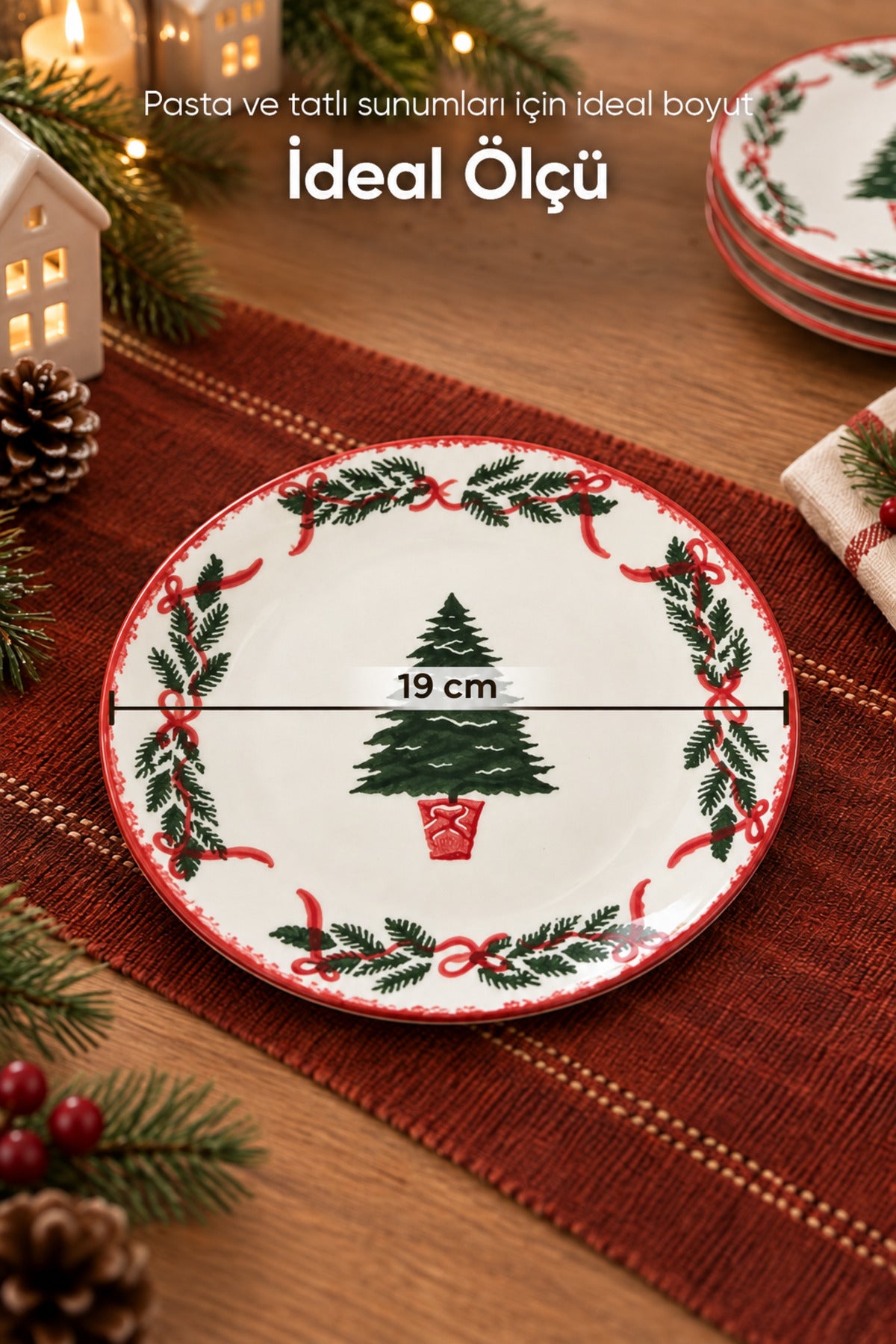 6'lı Yılbaşı Çam Ağacı Desenli Pasta Tabağı 19 cm Tatlı Sunum Servis Tabağı Kırmızı Beyaz 6 Kişilik