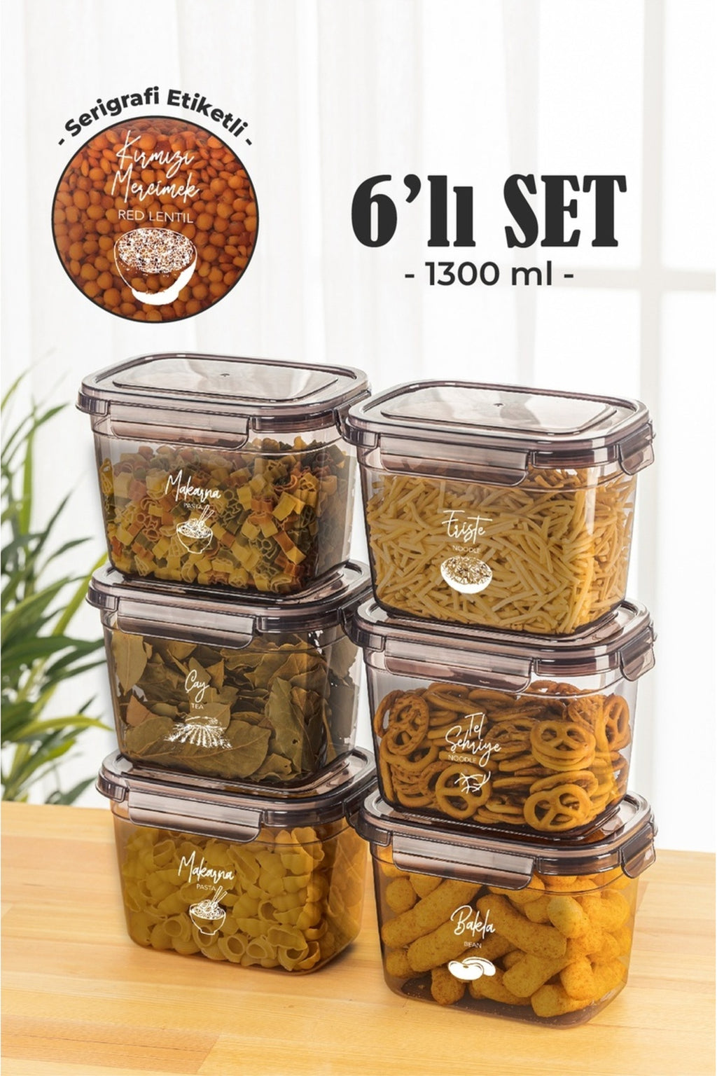 6lı 1,3 Litre Contalı Dikdörtgen Saklama Kabı Seti Serigrafi Etiketli