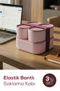 3'lü Elastik Bantlı İstiflenebilir Pratik Saklama Kabı Seti 2x(1100 ml) 1x(2600 ml) Pembe