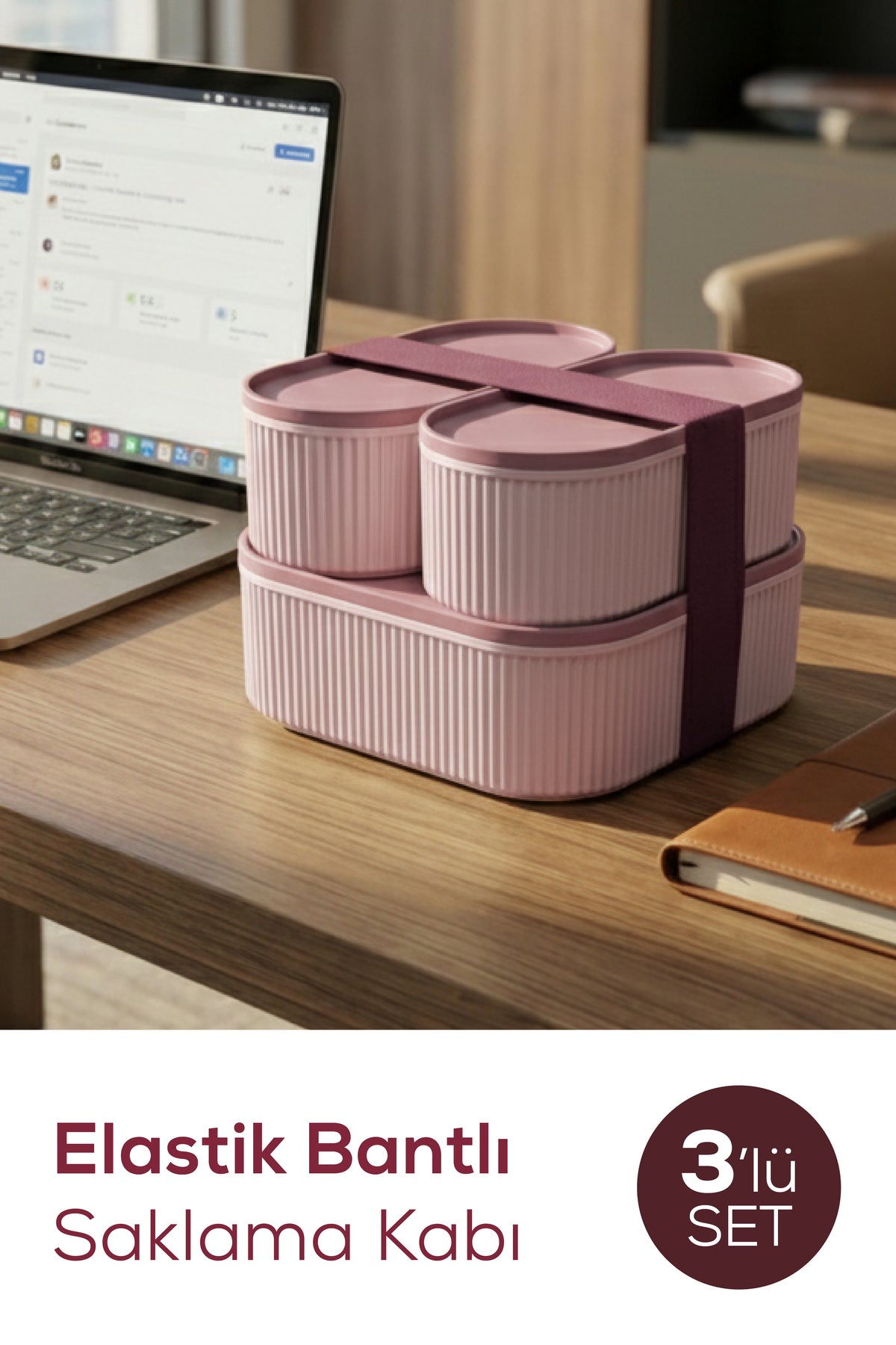 3'lü Elastik Bantlı İstiflenebilir Pratik Saklama Kabı Seti 2x(1100 ml) 1x(2600 ml) Pembe