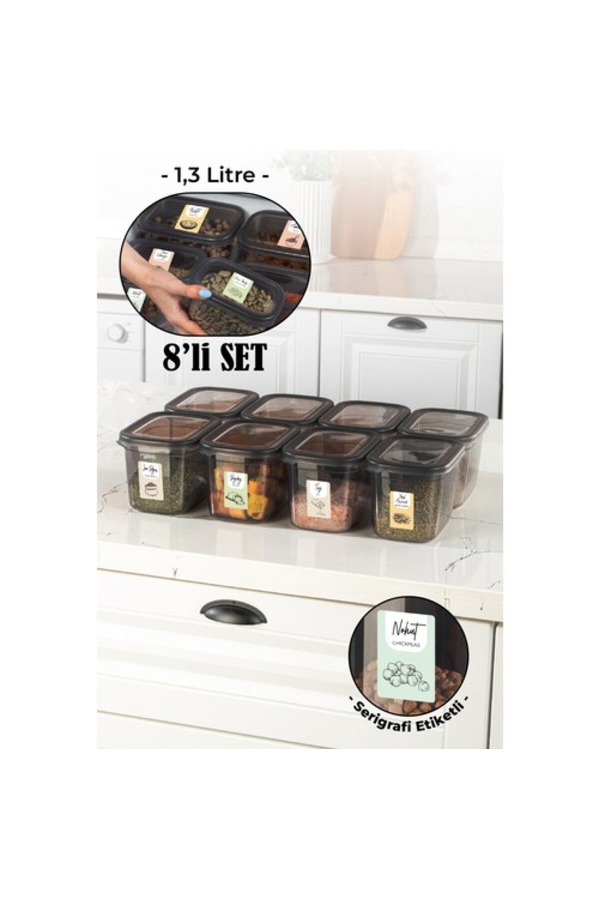 Beyaz Serigrafi Etiketli 8li Set Peggy Dikdörtgen Saklama Kabı 1,3 Litre Antrasit