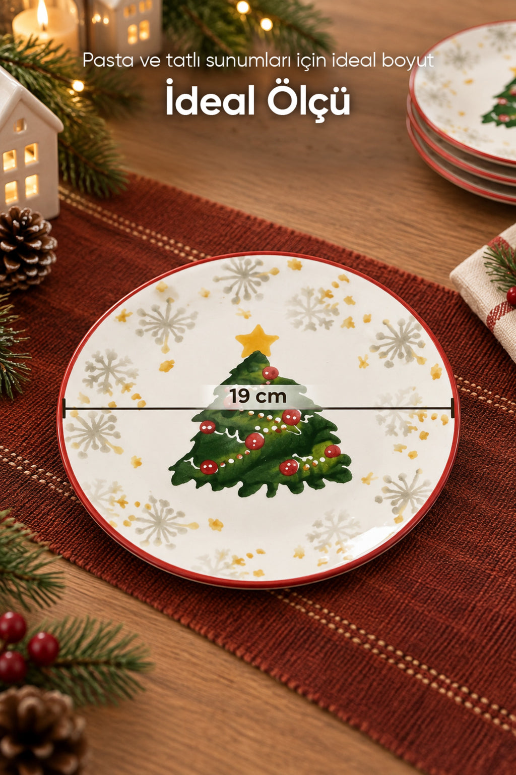 6'lı Süslü Yılbaşı Çam Ağacı Desenli Pasta Tabağı 19 cm Tatlı Sunum Servis Tabağı Kırmızı Beyaz 6 Kişilik