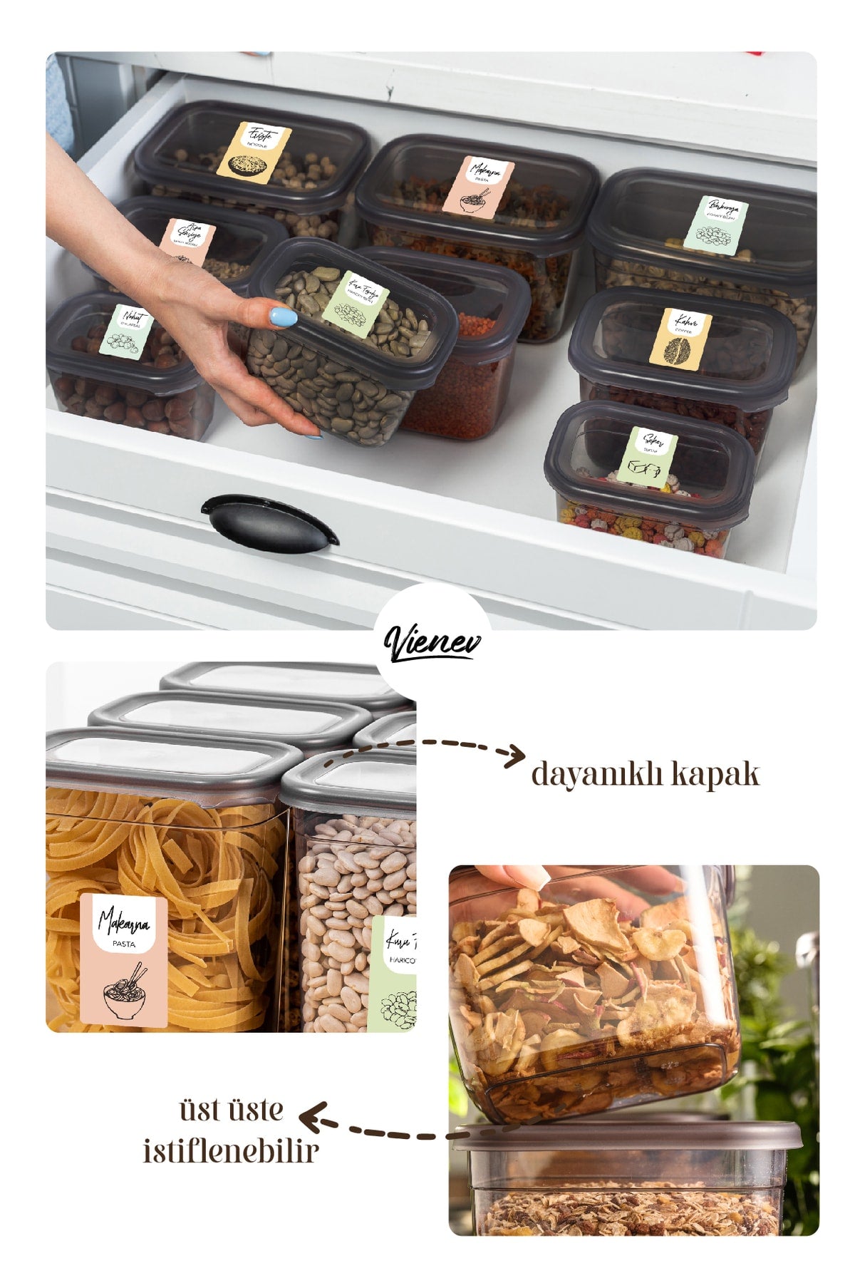 Renkli Etiketli 12li Set Peggy Dikdörtgen Saklama Kabı 1,3 Litre Antrasit