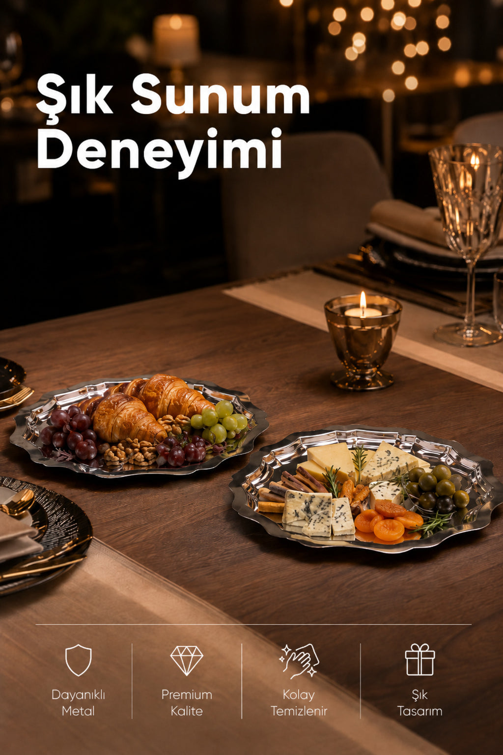 2'li Metal Sunum Tabağı Seti 24 cm - çiçek dekor sunum tepsi