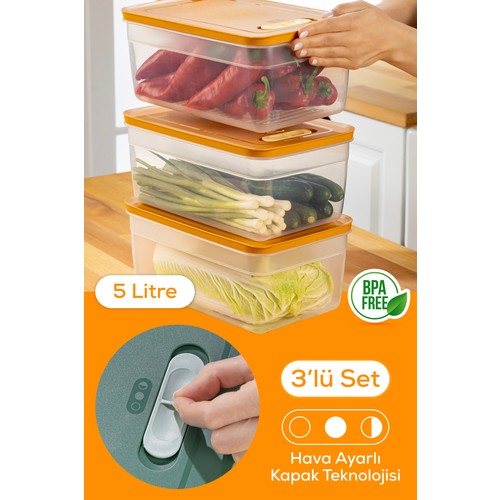 3'lü Ayarlı Sebze Ve Meyve Saklama Kabı Turuncu 5 Litre