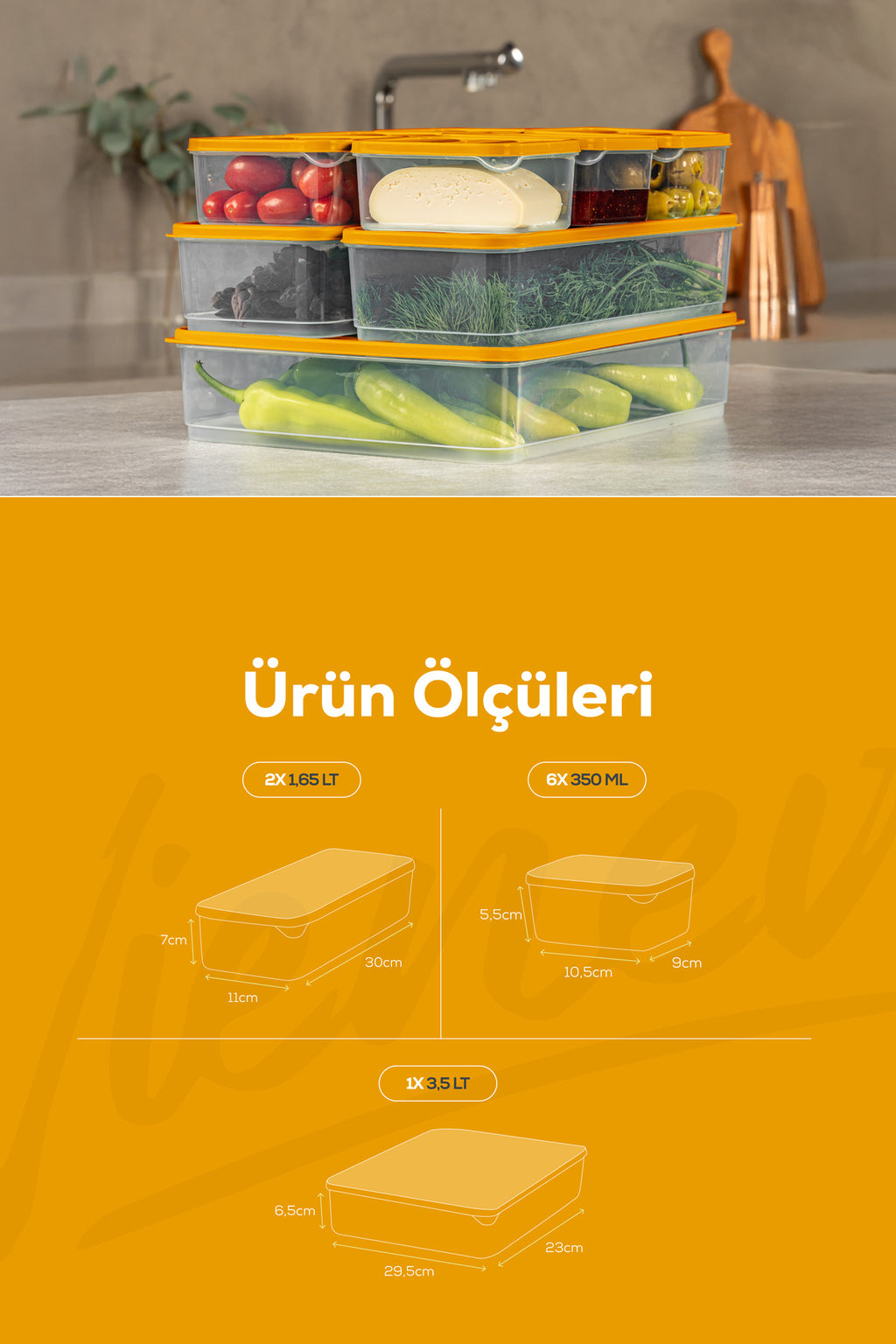 9'lu Buzdolabı Dondurucu Organizer Ve Saklama Kabı Turuncu 6x(350ML) 2x(1,65LT) 1x(3,5LT)