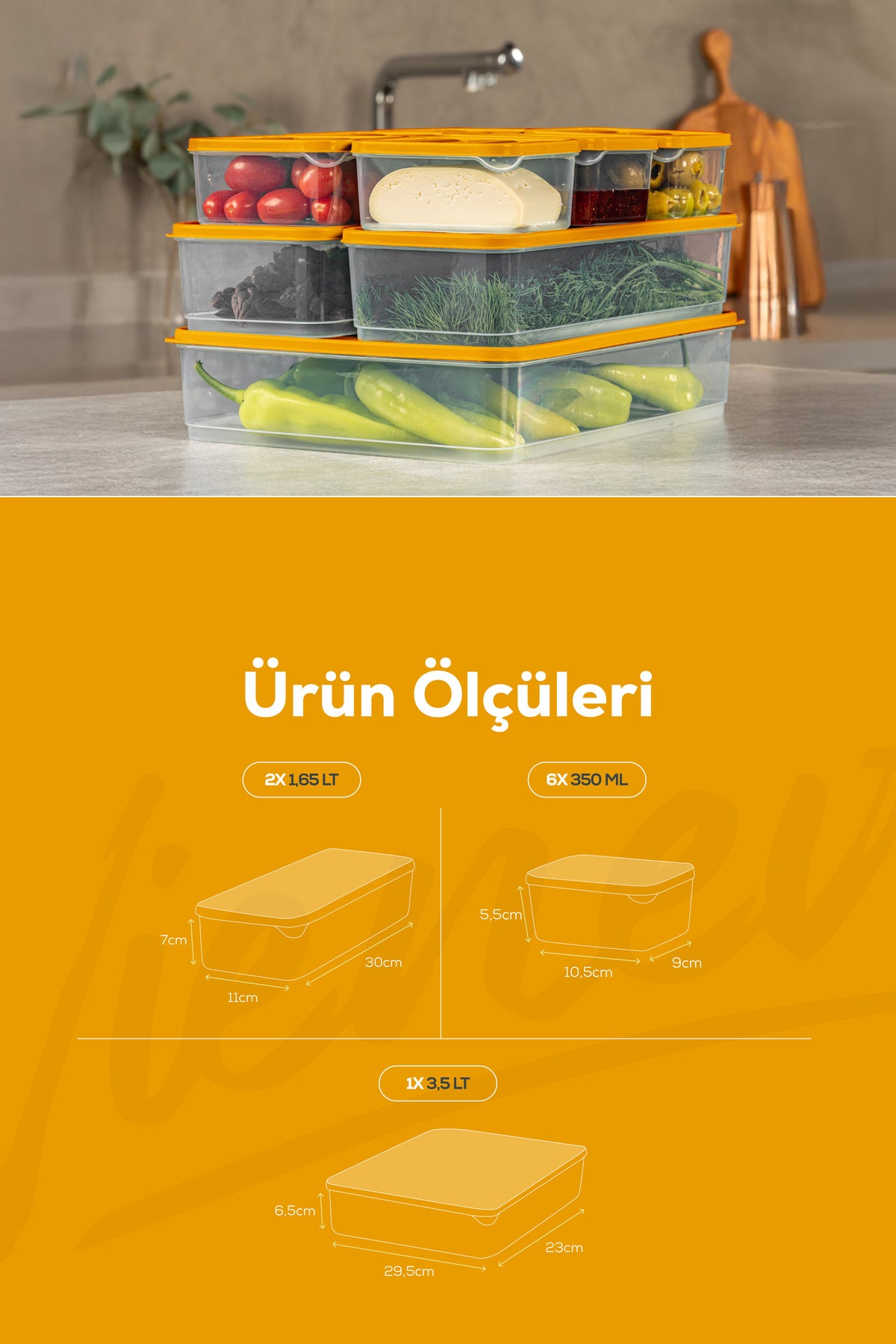 9'lu Buzdolabı Dondurucu Organizer Ve Saklama Kabı Turuncu 6x(350ML) 2x(1,65LT) 1x(3,5LT)