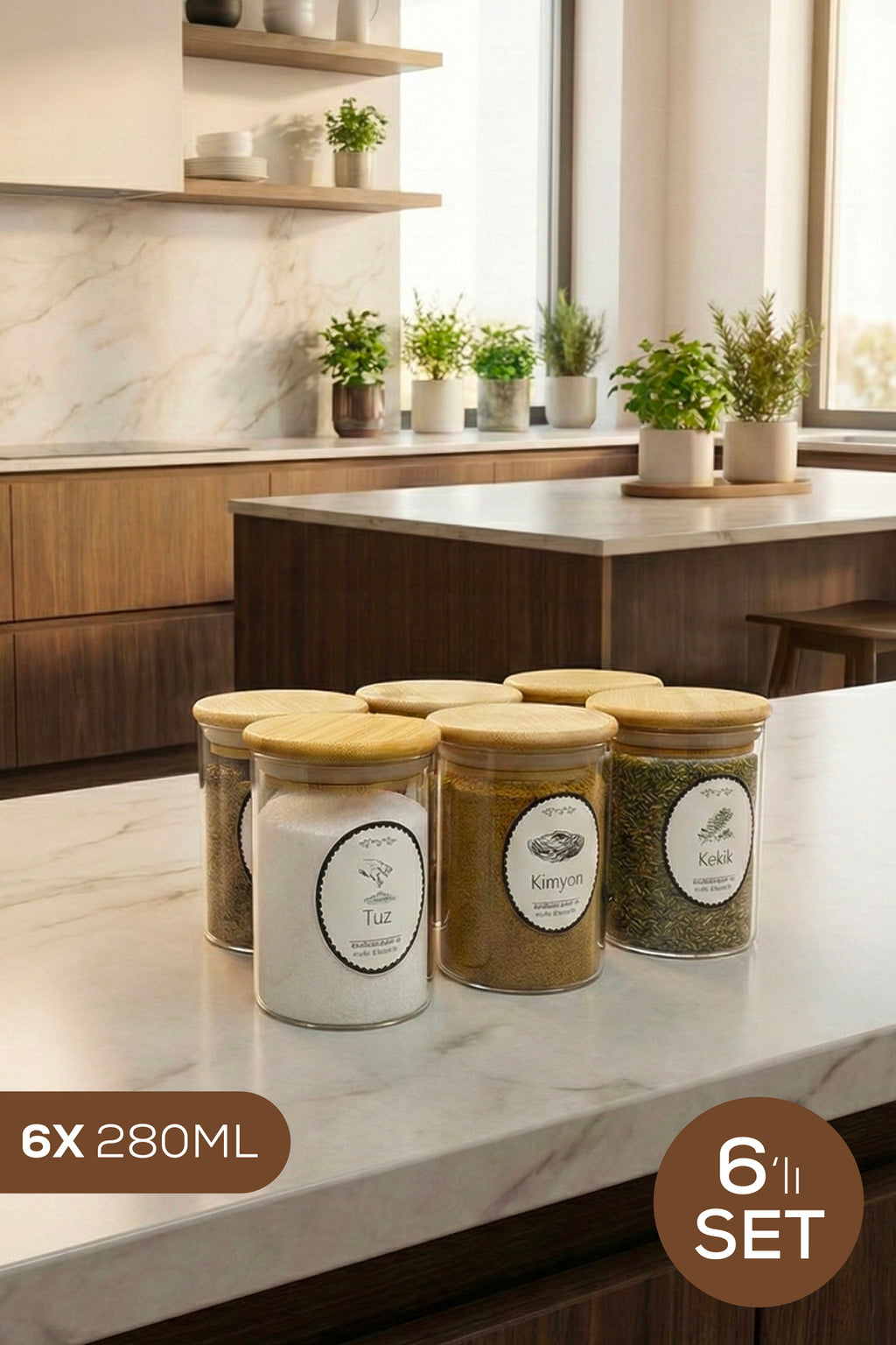 6'lı Set Bambu Kapaklı Cam Kavanoz 280 ml - Etiketli Baharat Düzenleyici Saklama Kabı (6,5x10 cm)