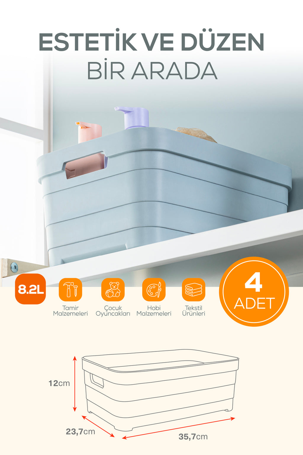 4'lü 8,2 Litre Saklama Kutusu Bej