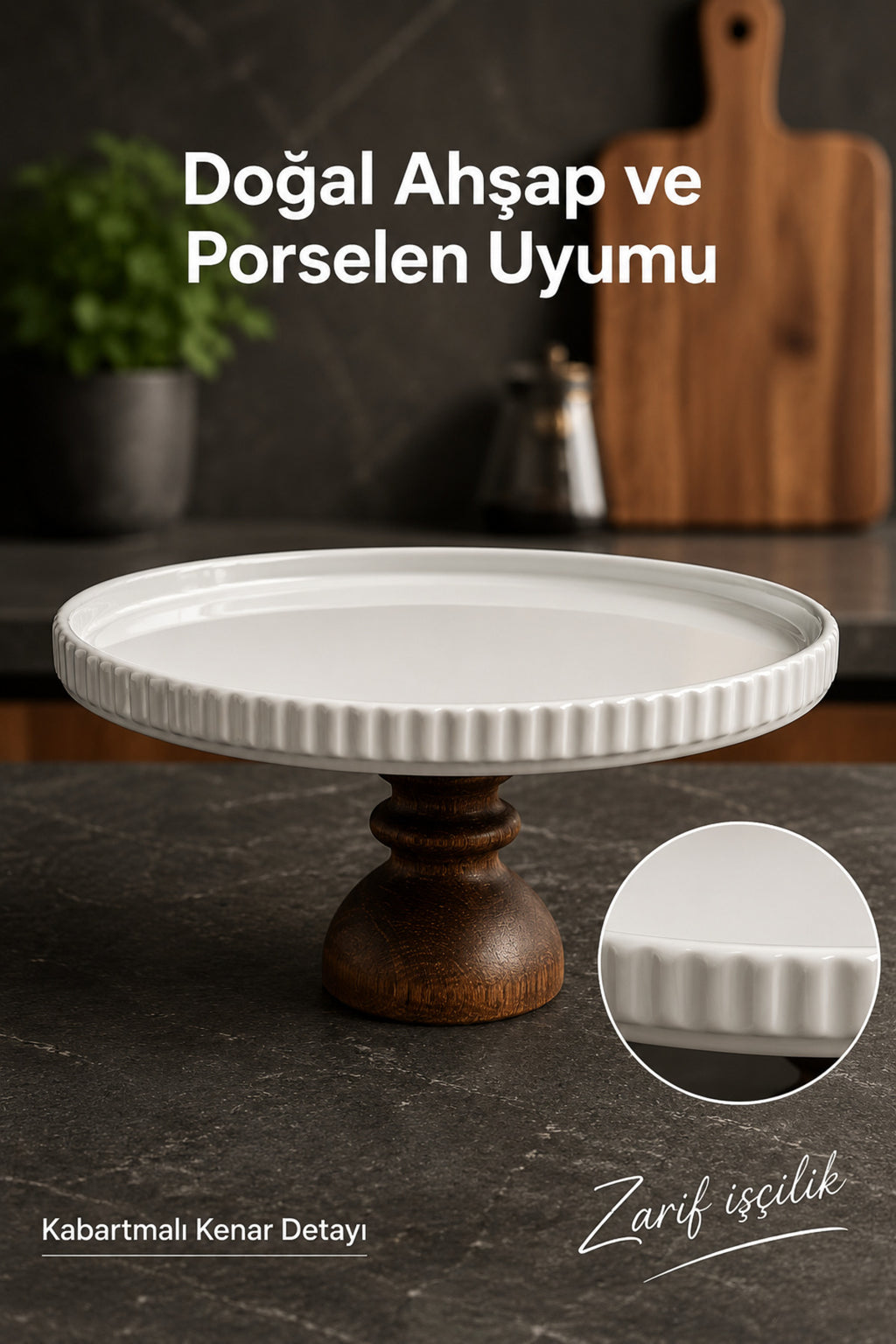 Ahşap Ayaklı Porselen Sunumluk Pasta Standı Sunum Tabağı Kek Fanusu Tablası 24 cm