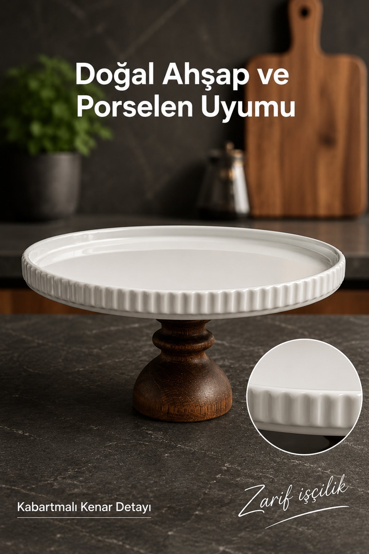 Ahşap Ayaklı Porselen Sunumluk Pasta Standı Sunum Tabağı Kek Fanusu Tablası 24 cm