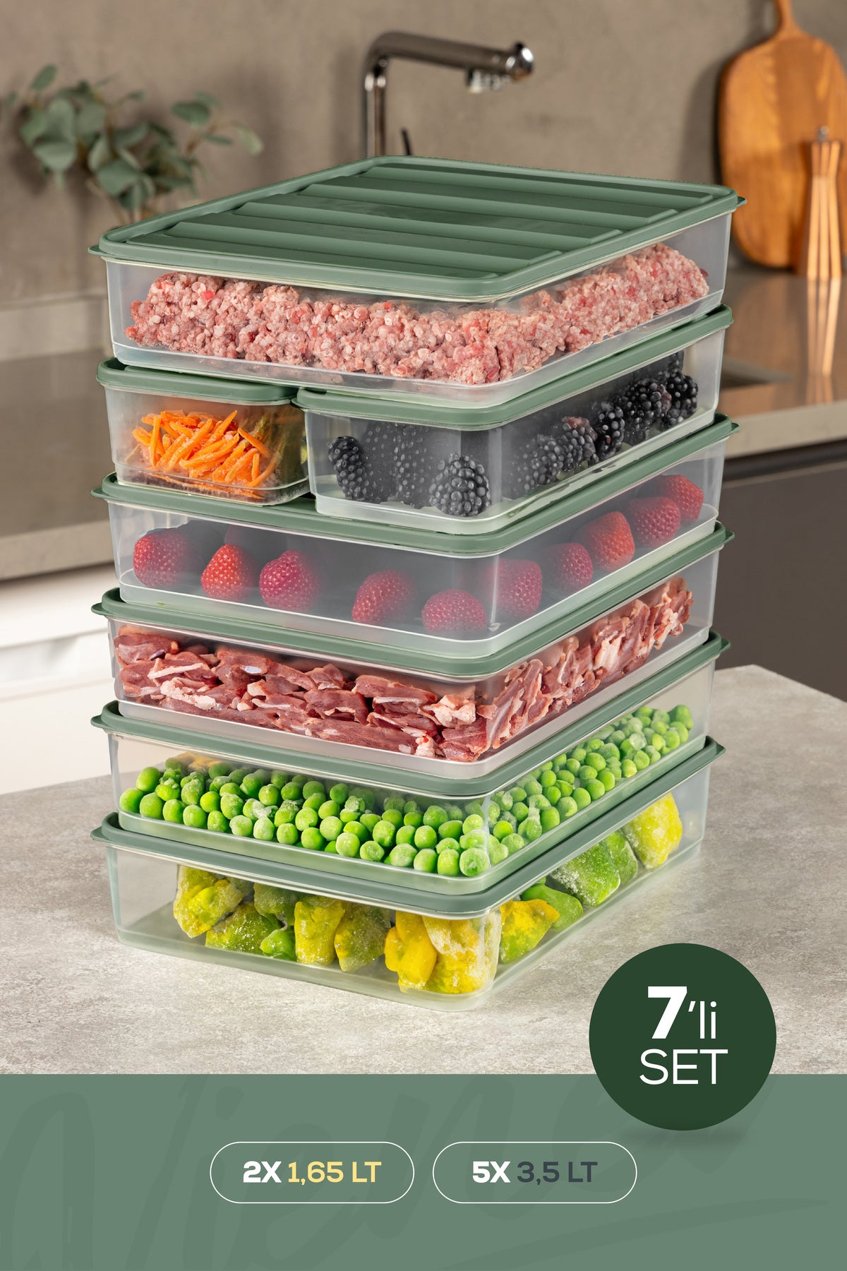 7'li Buzdolabı Dondurucu Organizer Ve Saklama Kabı Yeşil 5x(3,5LT) 2x(1,65LT)