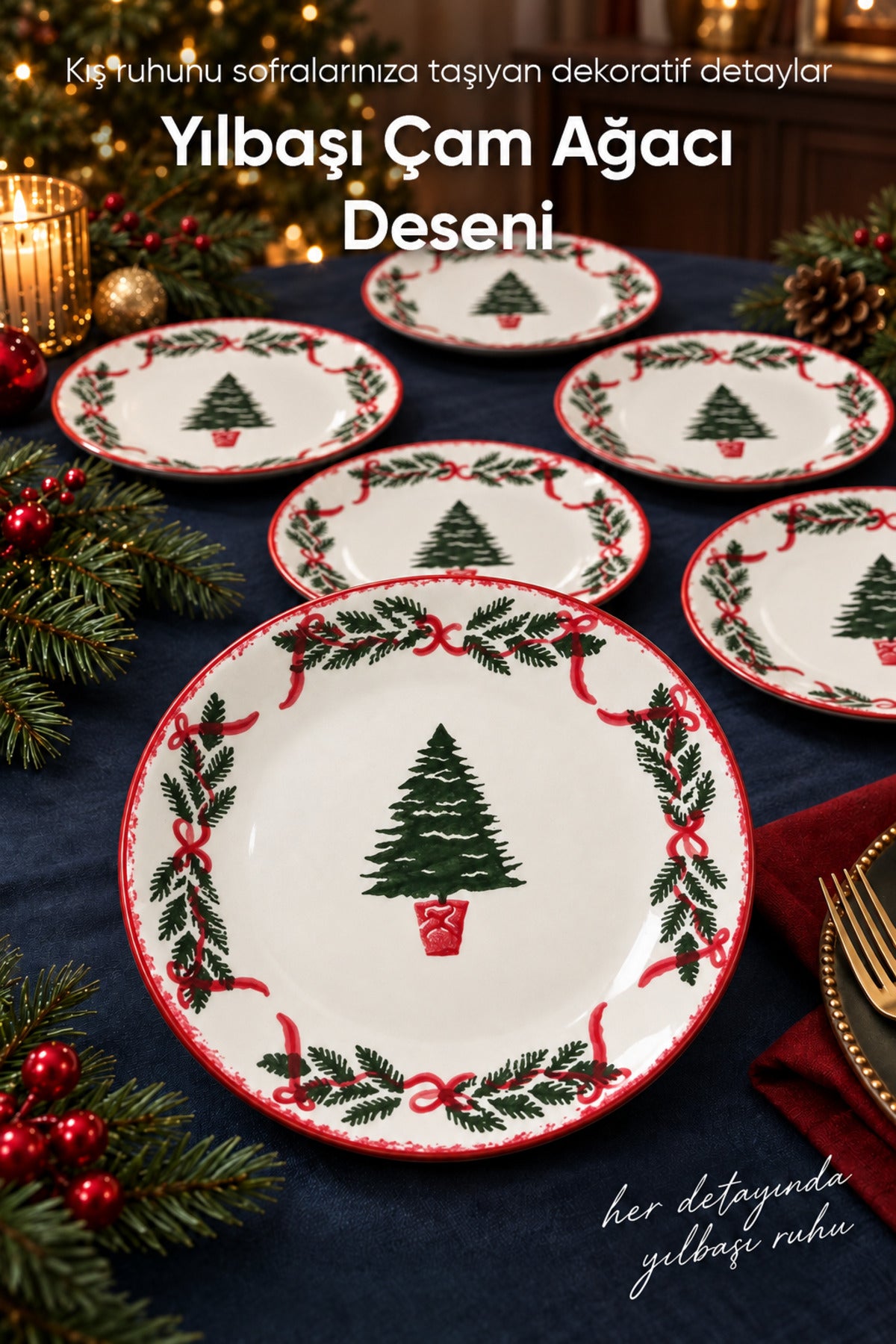 6'lı Yılbaşı Çam Ağacı Desenli Pasta Tabağı 19 cm Tatlı Sunum Servis Tabağı Kırmızı Beyaz 6 Kişilik