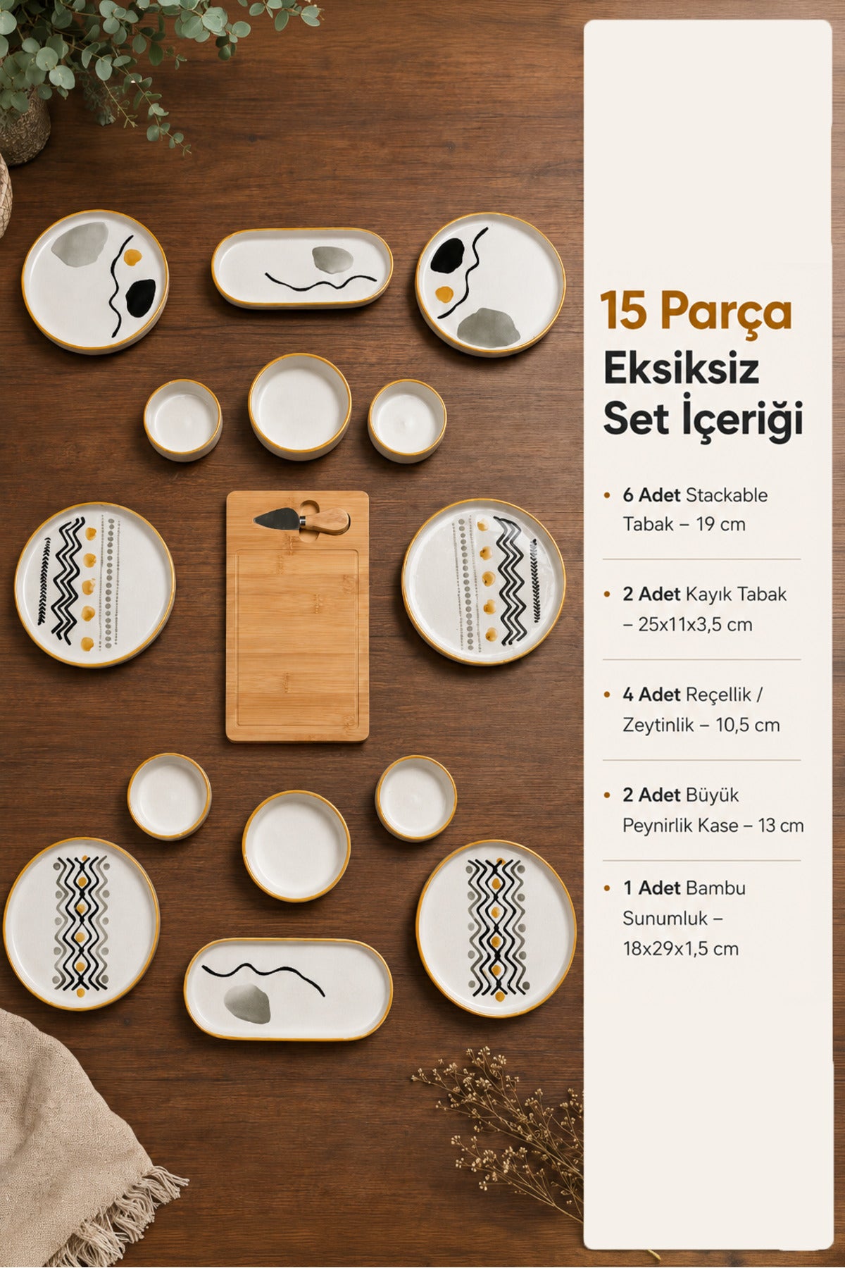 15 Parça Bambu Sunumluklu Axial Kahvaltı Takımı Seti
