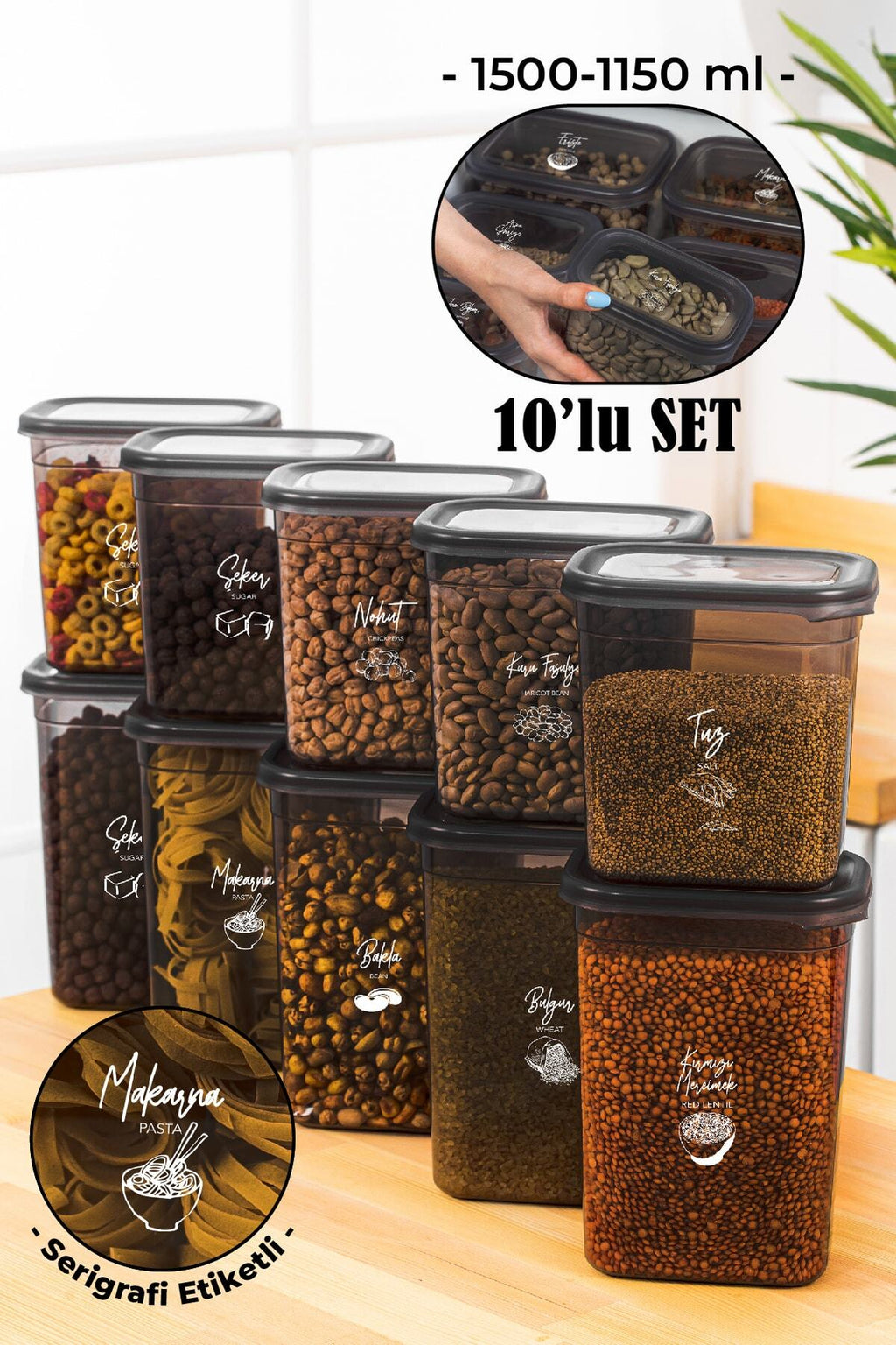 Beyaz Serigrafi Etiketli 10lu Peggy Dikdörtgen Saklama Kabı Seti 5x(1500-1150 Ml) Antrasit