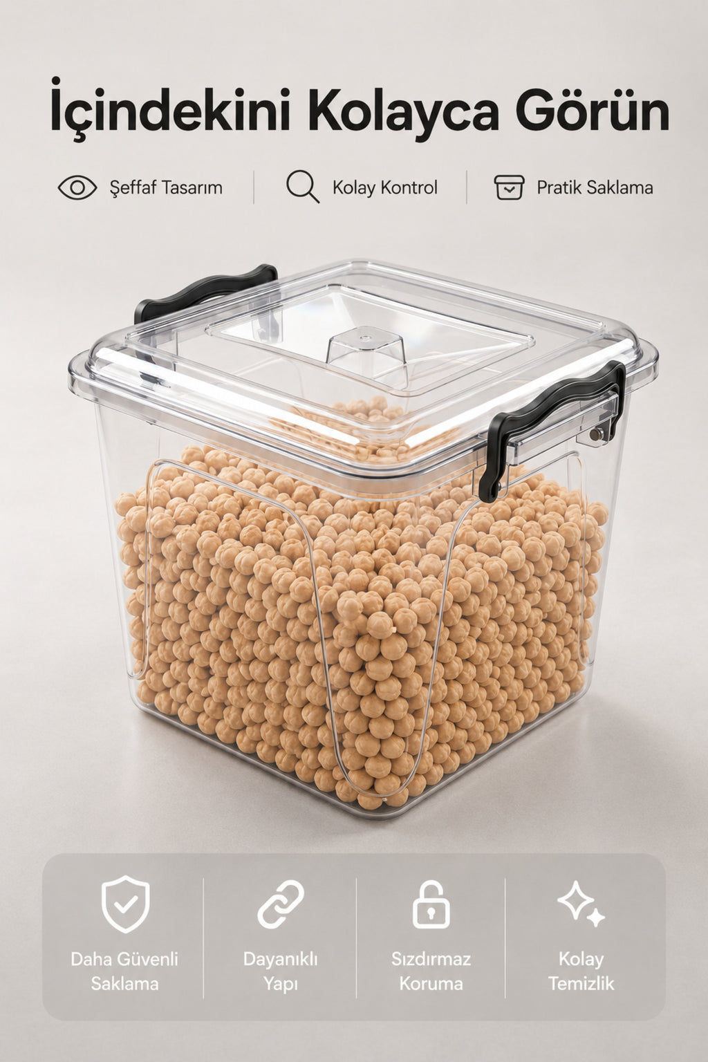 8.5 Lt Şeffaf Plastik Erzak Saklama Kabı 5'li Set - Kapaklı Kilitli Çok Amaçlı Düzenleyici