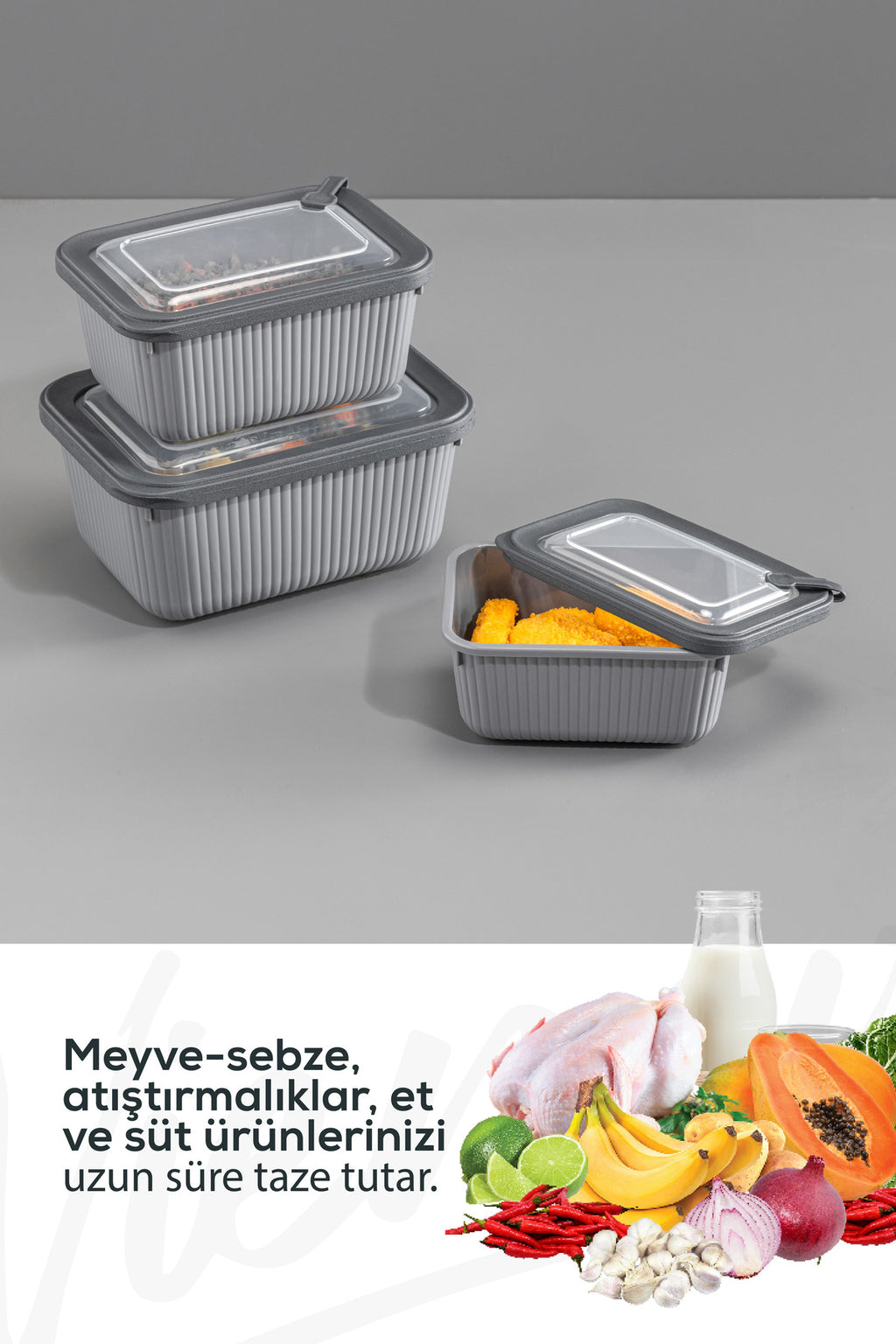 6'lı Vip Dikdörtgen Mikrodalga Ve Difrize Uygun Saklama Kabı Seti Gri 2x(1750,1050,600 ml)
