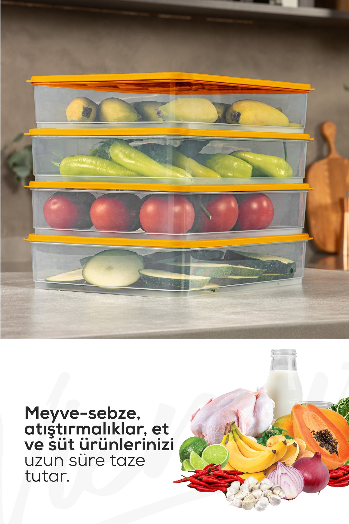 4'lü 3,5 Litre Buzdolabı Dondurucu Organizer Mikrodalga Ve Difrize Uygun Saklama Kabı Turuncu