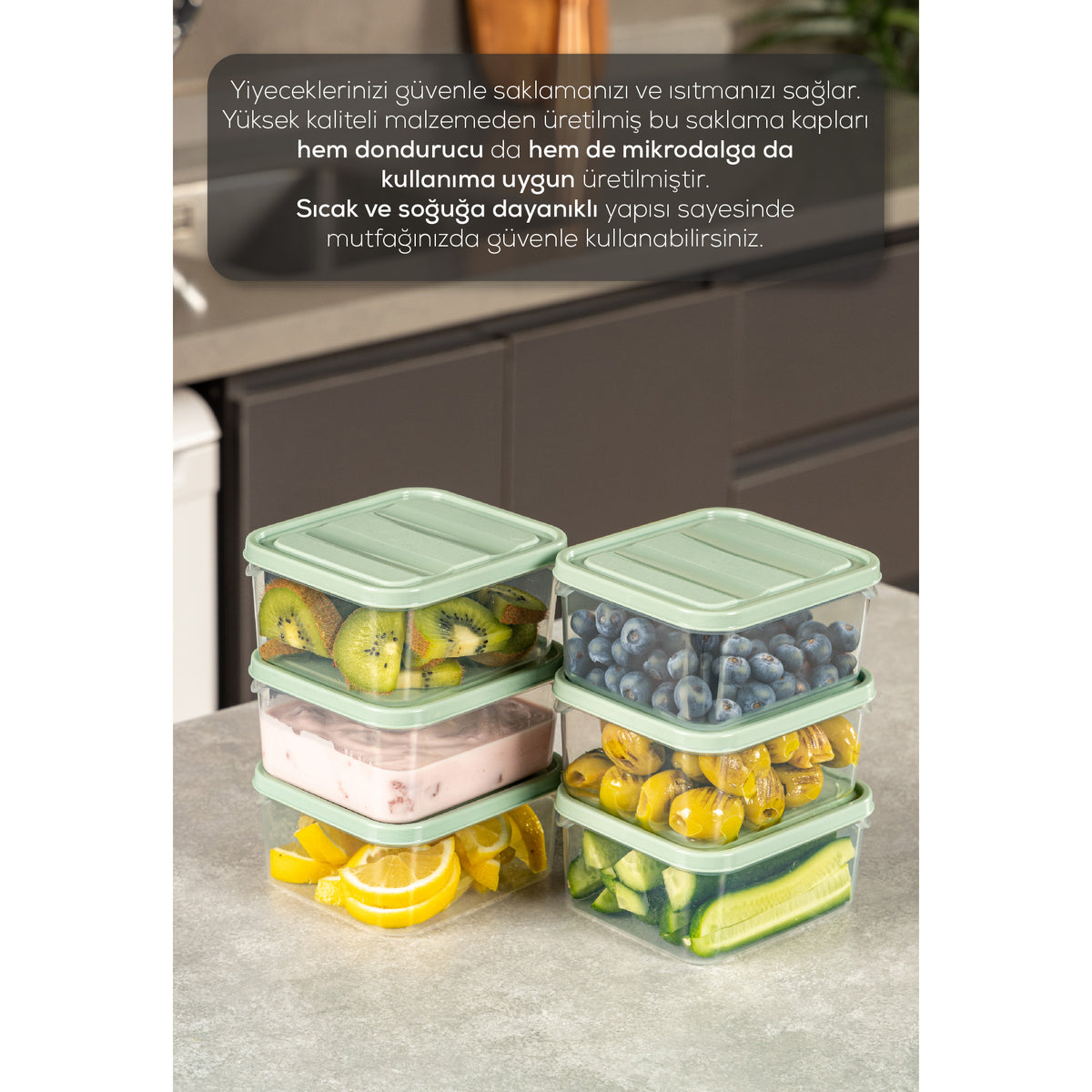6'lı 350 ml Buzdolabı Dondurucu Organizer Mikrodalga Ve Difrize Uygun Saklama Kabı Mint