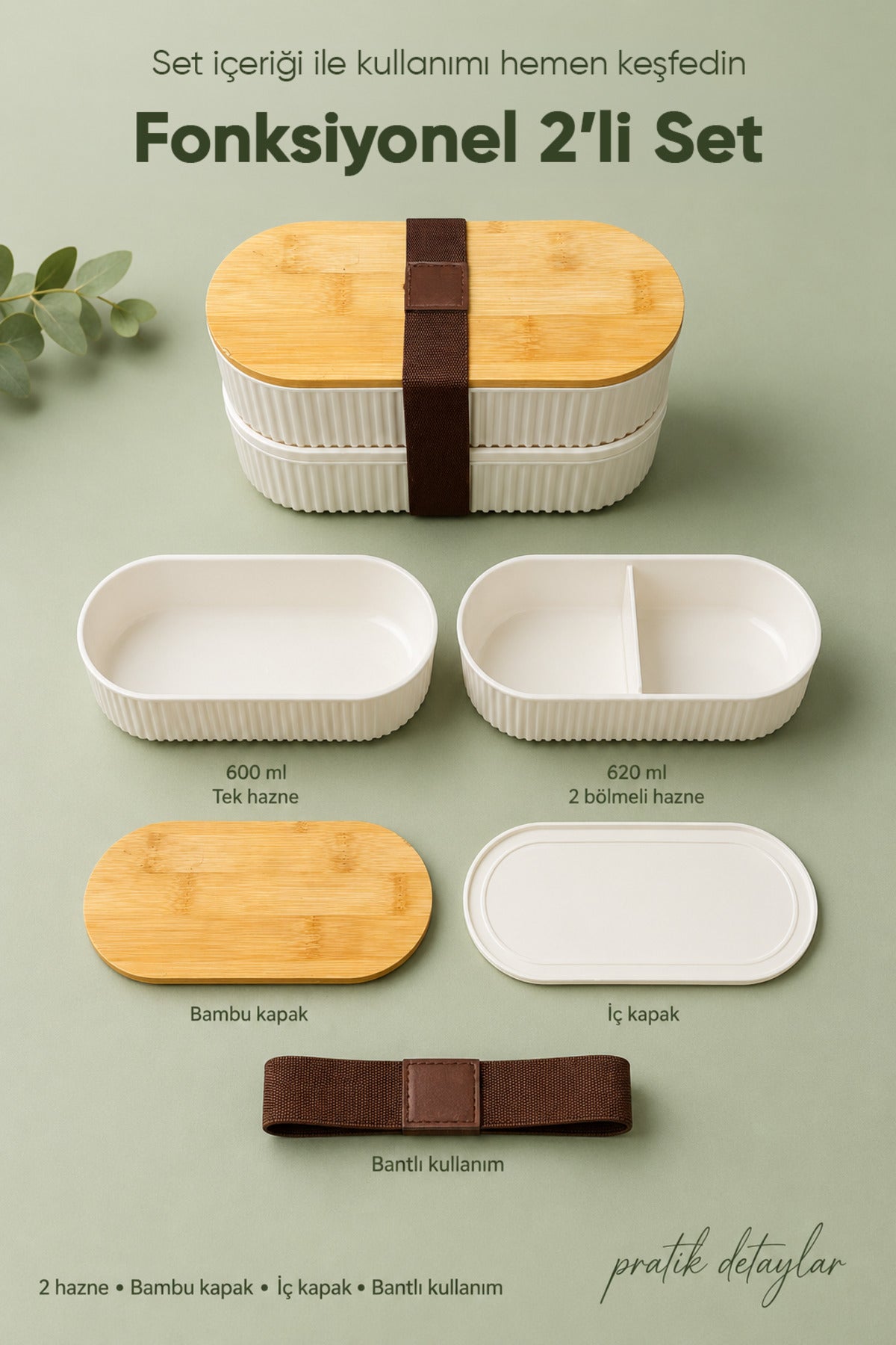 2'li Oval Fitilli Desenli Bantlı Saklama Kabı (600-620 ml) Bambu Kapaklı Taşınabilir Beslenme Seti