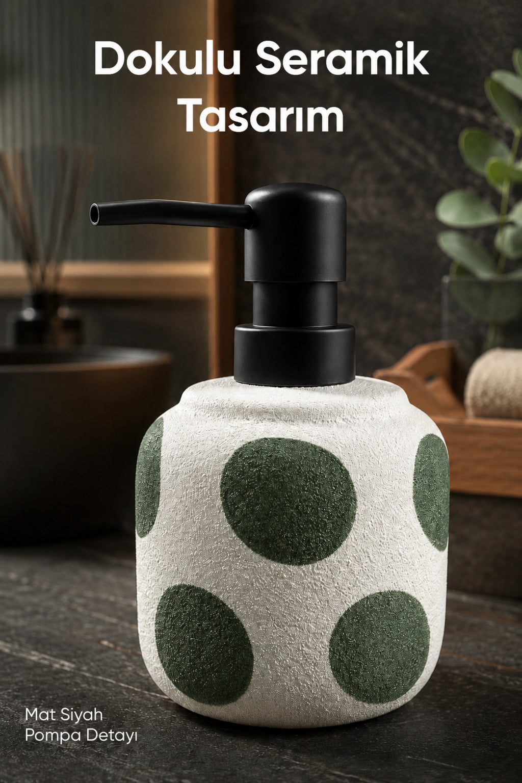 Yeşil Puantiyeli Seramik Sıvı Sabunluk 380 ml Beyaz Lüks Banyo Mutfak Sıvı Sabunluk