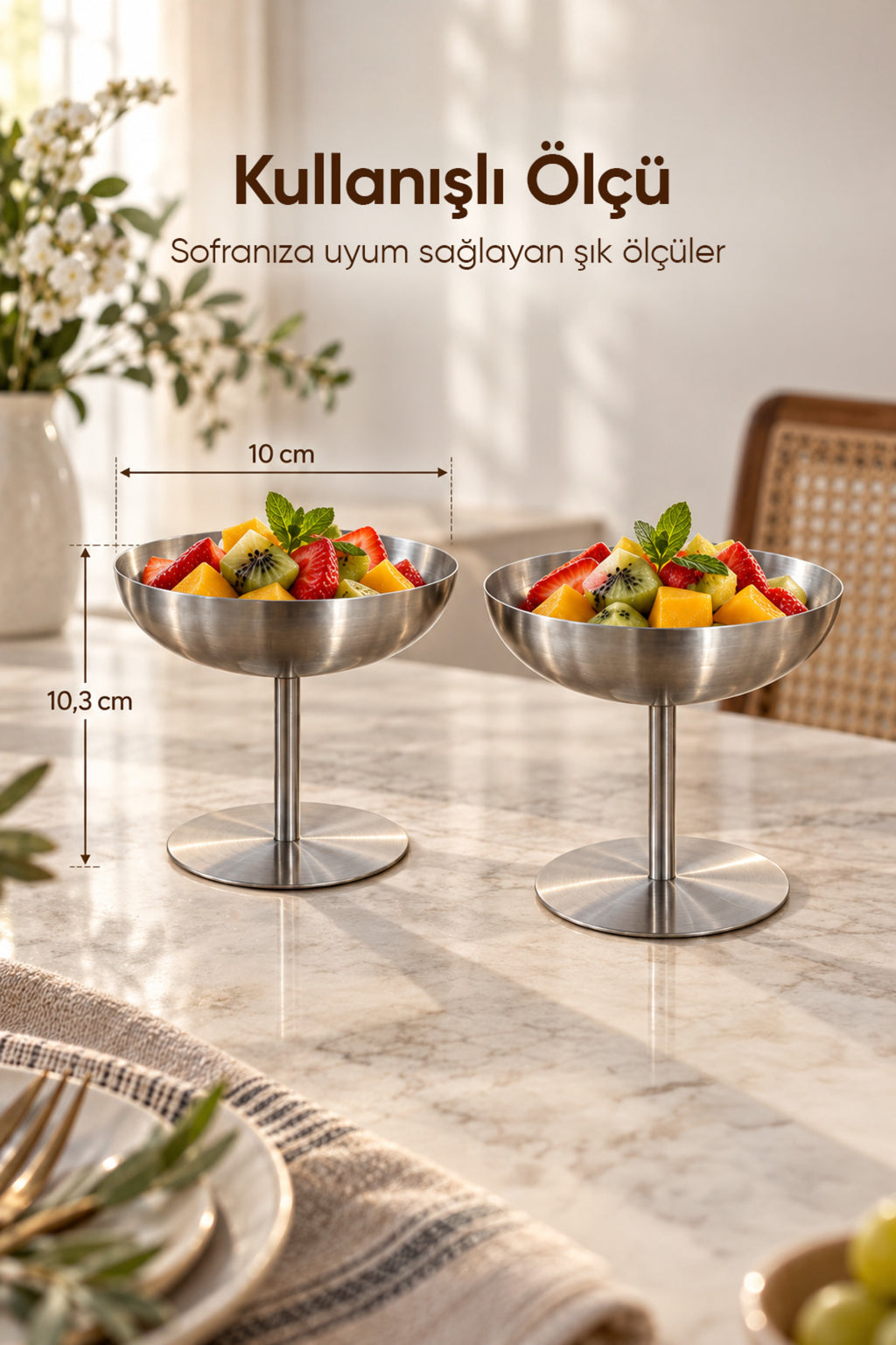 2'li 170 ml Paslanmaz Çelik Ayaklı Sunumluk Tatlı Dondurma Kasesi
