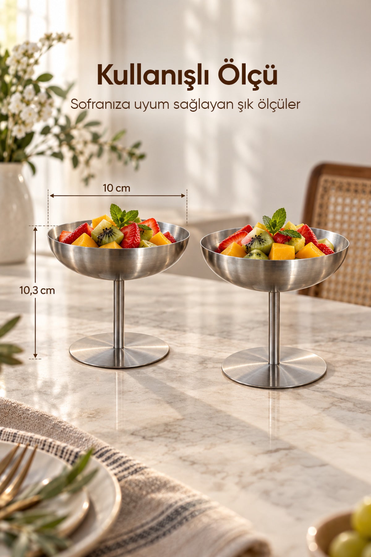 2'li 170 ml Paslanmaz Çelik Ayaklı Sunumluk Tatlı Dondurma Kasesi