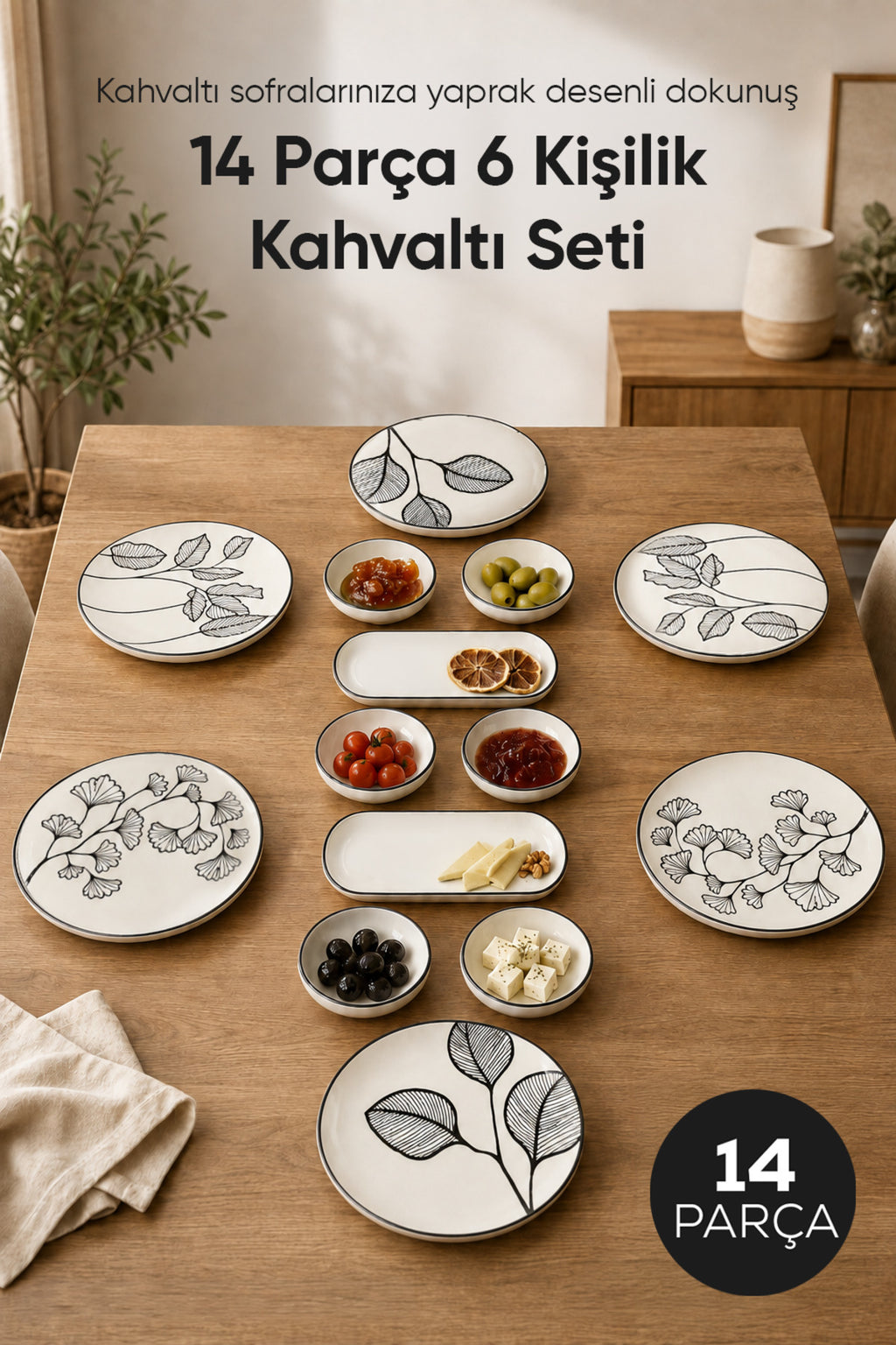 Siyah Yaprak Desenli 14 Parça 6 Kişilik Seramik Kahvaltı Takımı Servis Sunum Tabaklı Dekoratif Sofra Seti