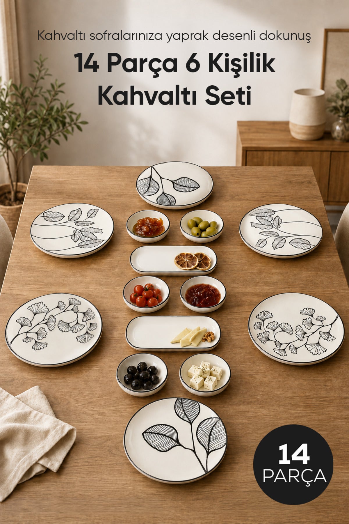 Siyah Yaprak Desenli 14 Parça 6 Kişilik Seramik Kahvaltı Takımı Servis Sunum Tabaklı Dekoratif Sofra Seti